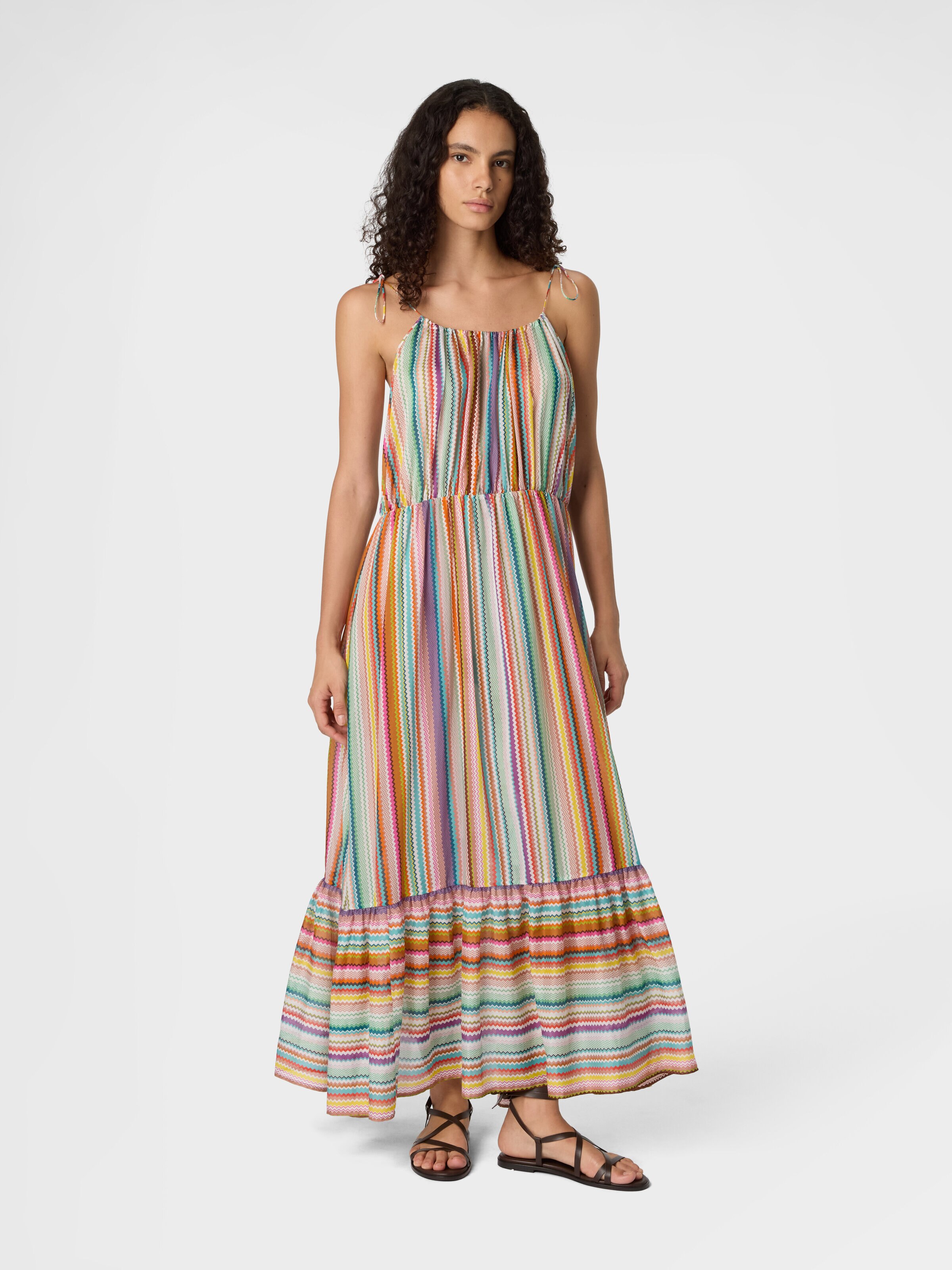 Robe longue de plage à volants en coton et soie à motif zigzag, Multicolore  - 1