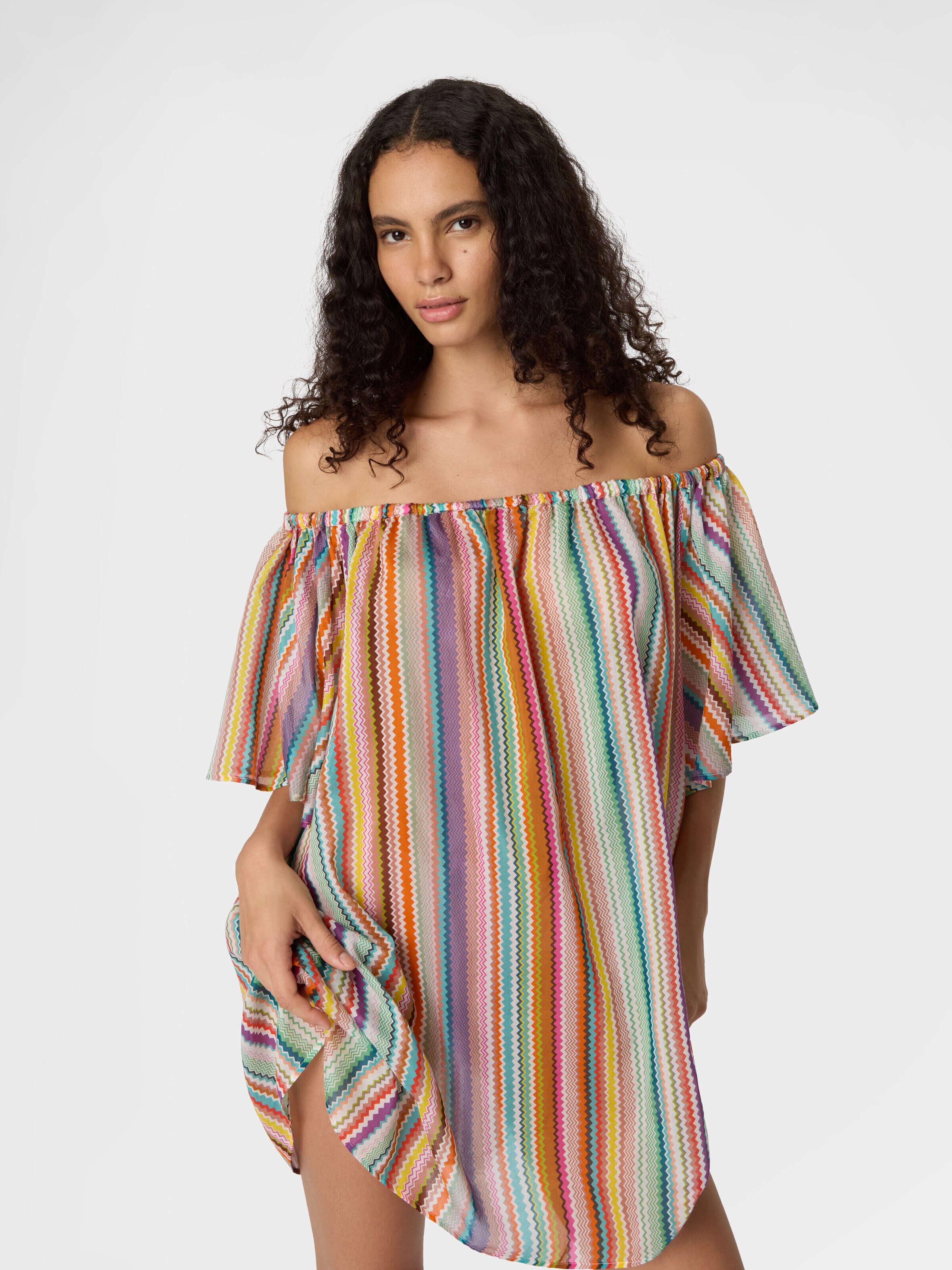 Kurzer Cover-up aus Baumwolle und Seide mit Zickzack-Muster, Mehrfarbig  - 3