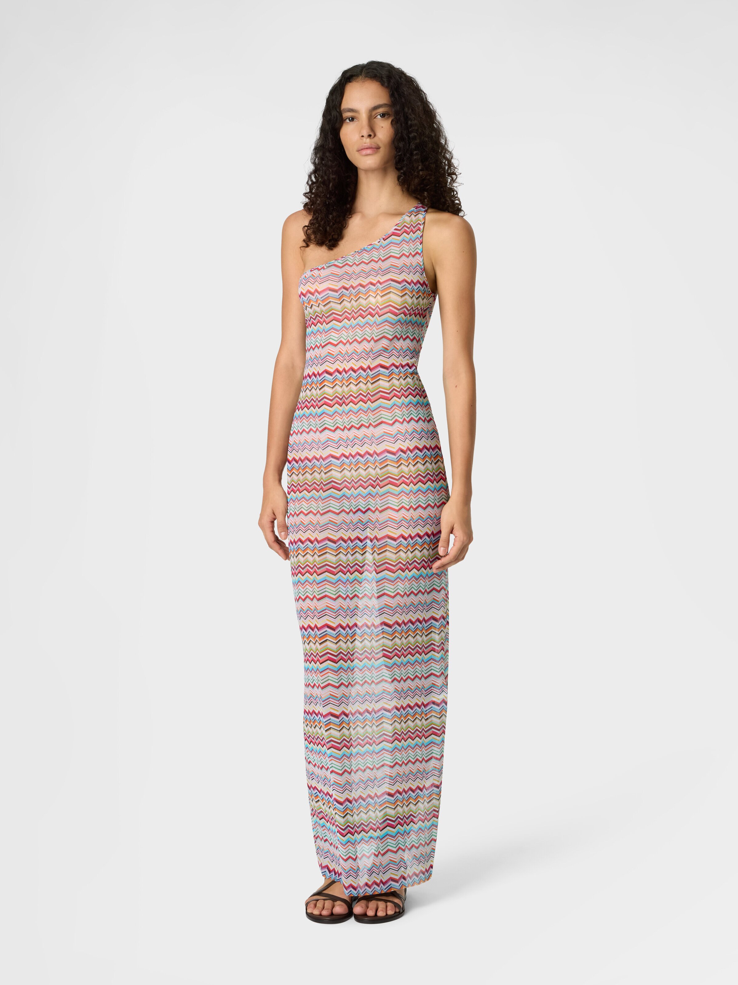 Robe de plage asymétrique en tulle imprimé zigzag, Multicolore  - 1