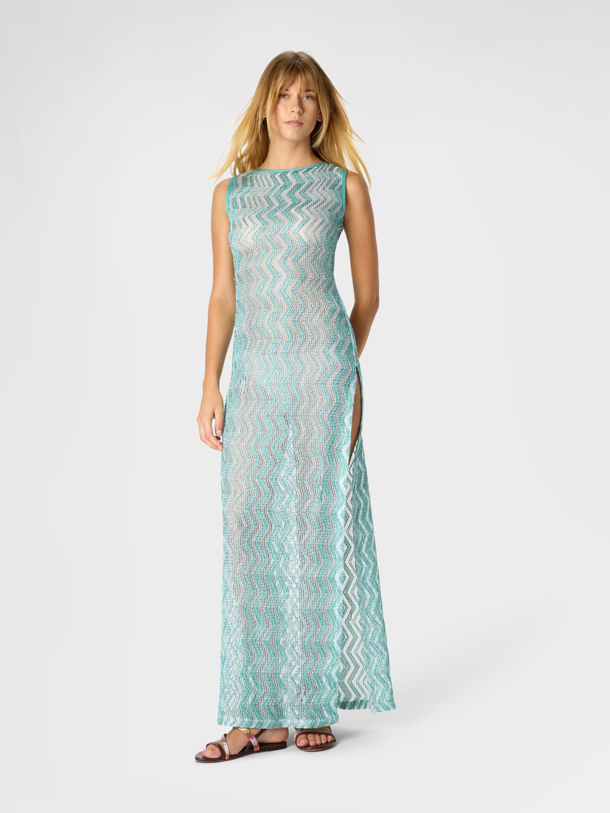 Long mesh cover-up dress with zigzag pattern, sequins, and cut-out detail, Light Blue - 1