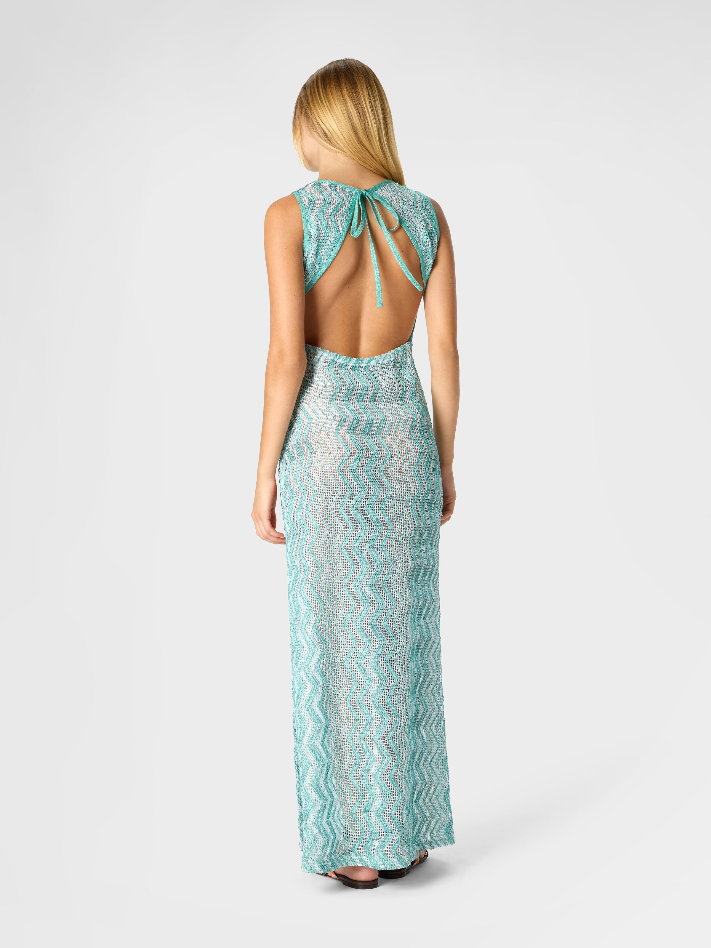 Long mesh cover-up dress with zigzag pattern, sequins, and cut-out detail, Light Blue - 2