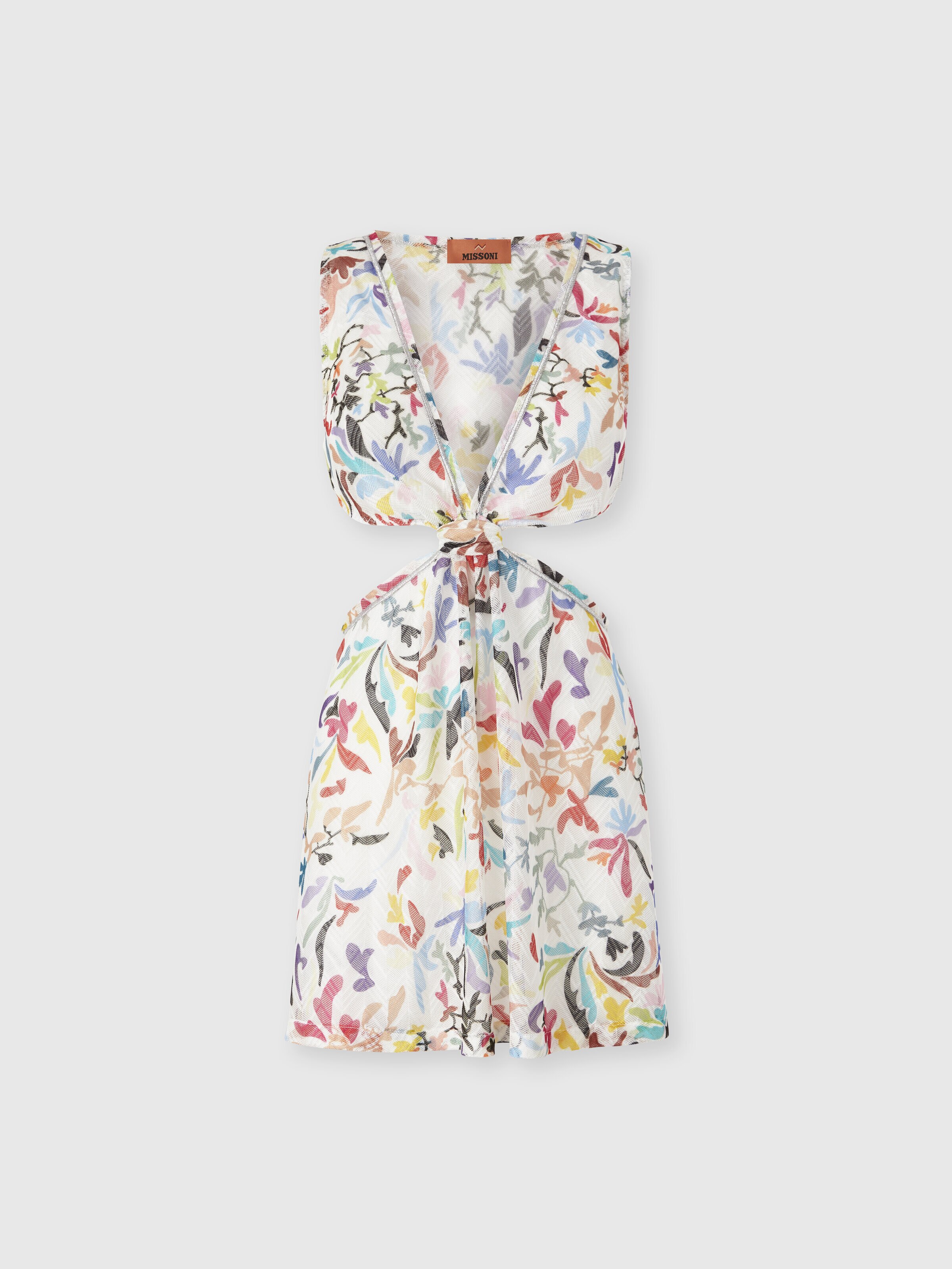 Mini vestido de playa en tul estampado con motivo ramage, Blanco & Multicolor - 0