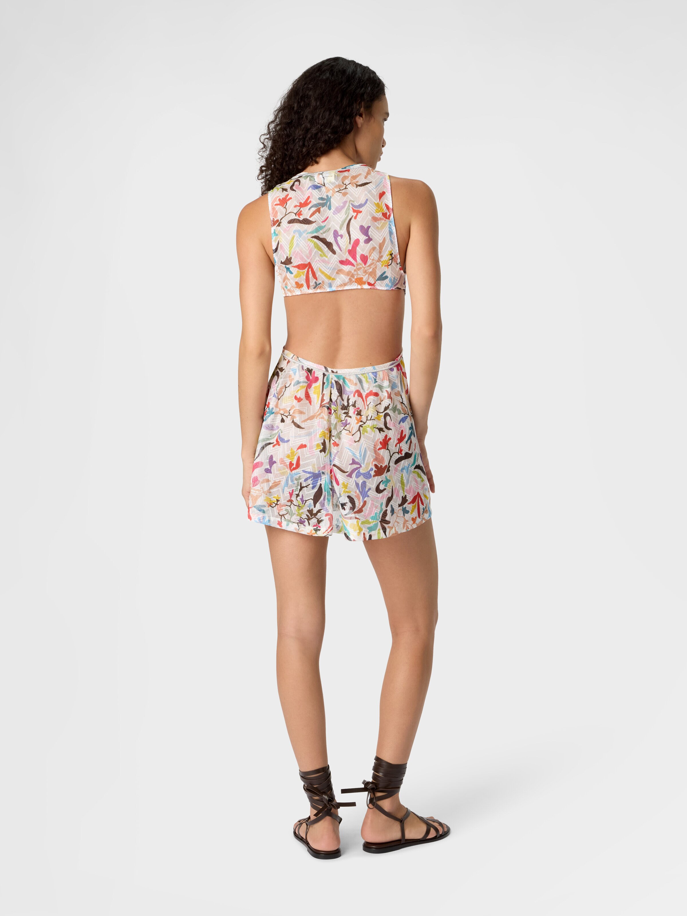 Mini vestido de playa en tul estampado con motivo ramage, Blanco & Multicolor - 2