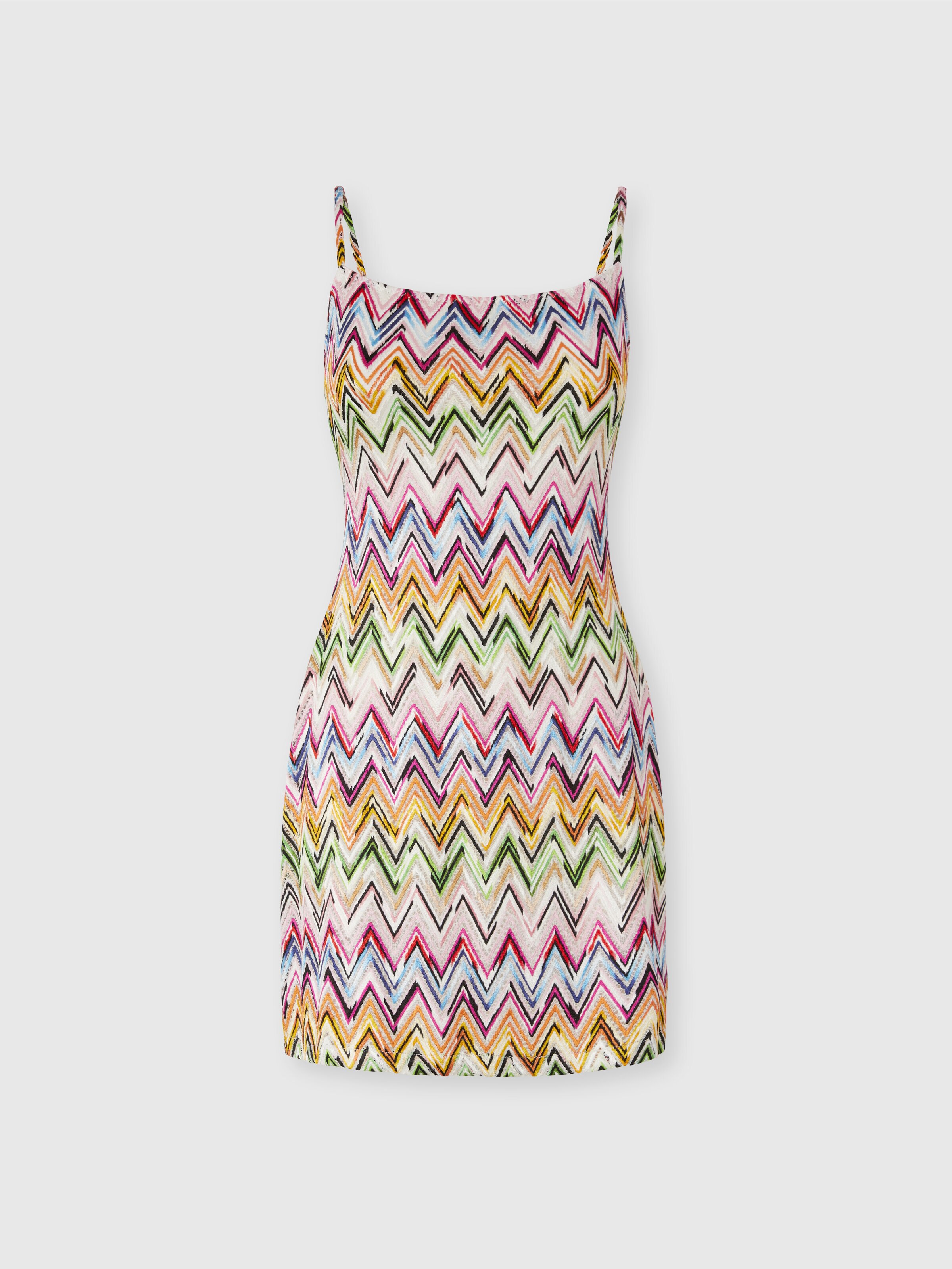 Mini dress in stretch viscose with lace and zigzag motif, Multicoloured  - 0