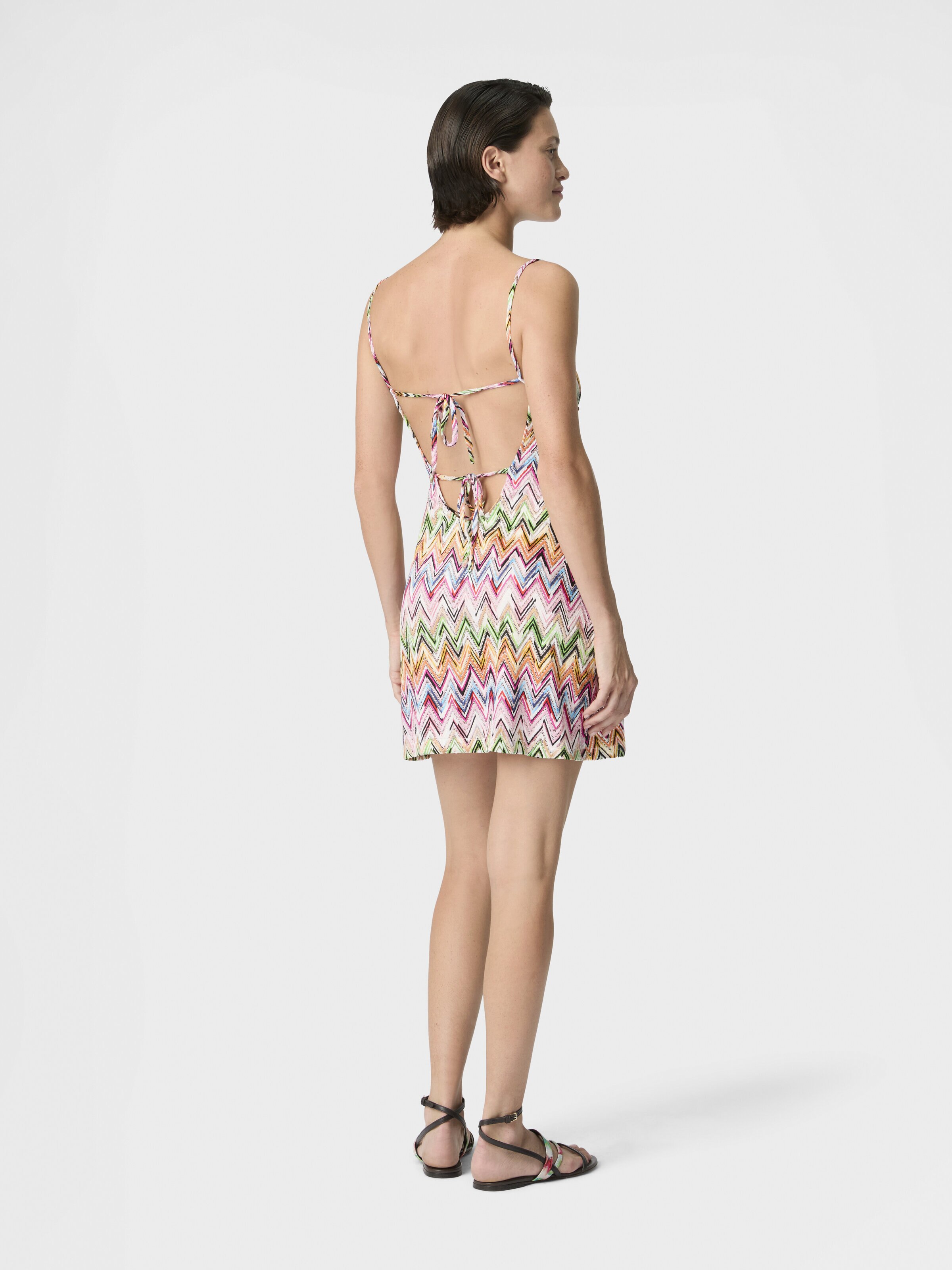 Mini dress in stretch viscose with lace and zigzag motif, Multicoloured  - 2