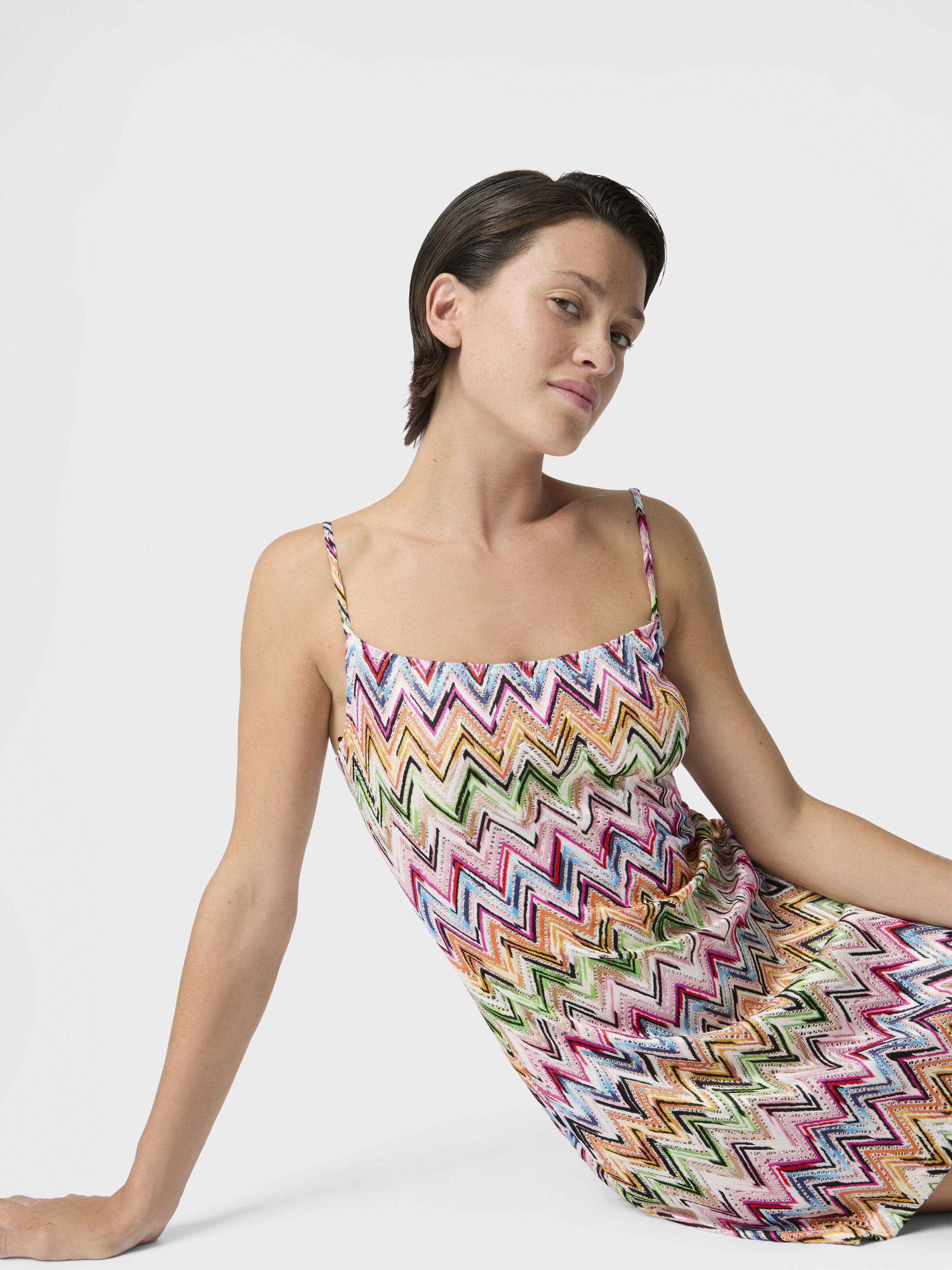 Mini dress in stretch viscose with lace and zigzag motif, Multicoloured  - 4