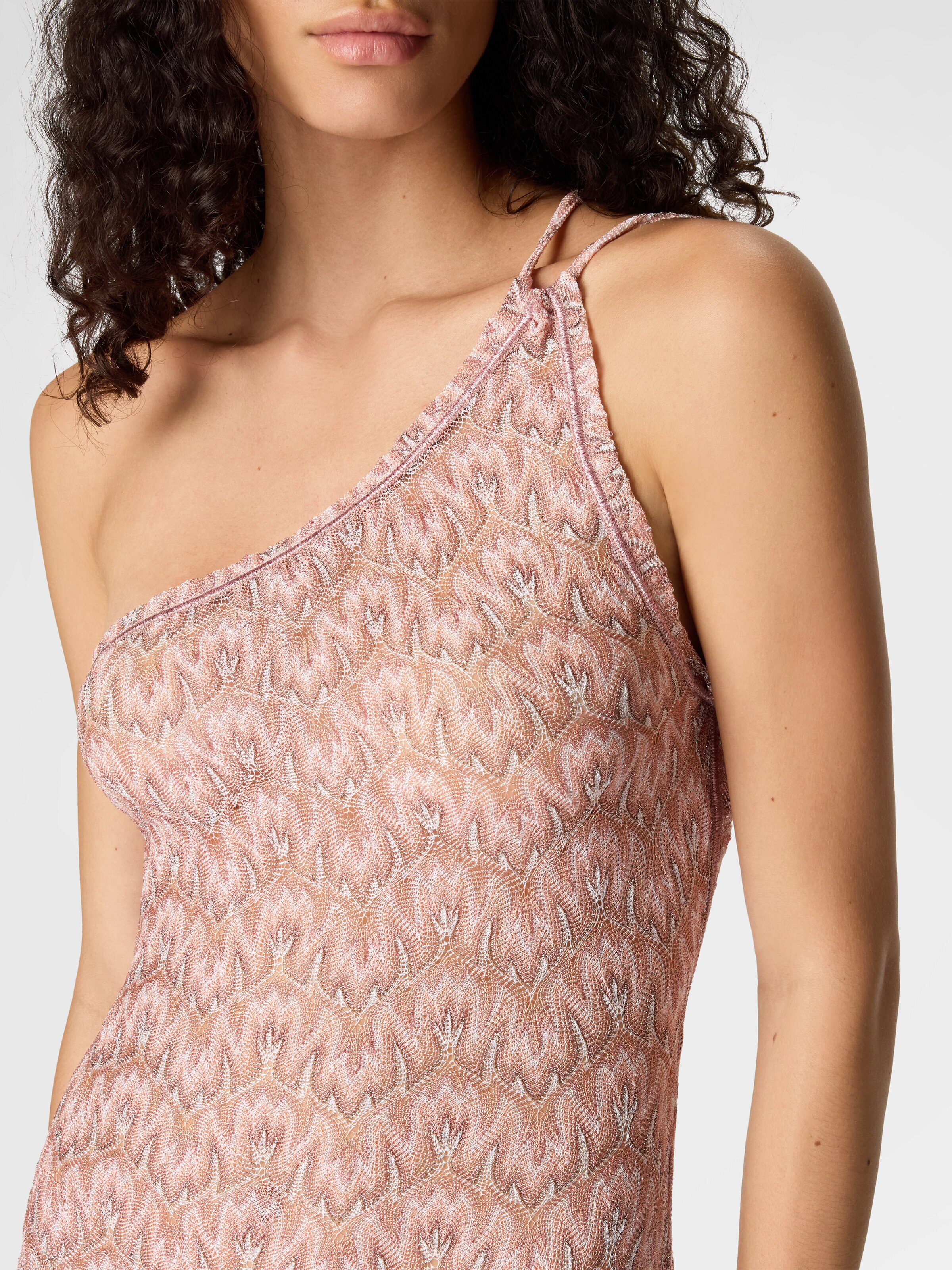 One-shoulder dress in lamé viscose with foliage motif