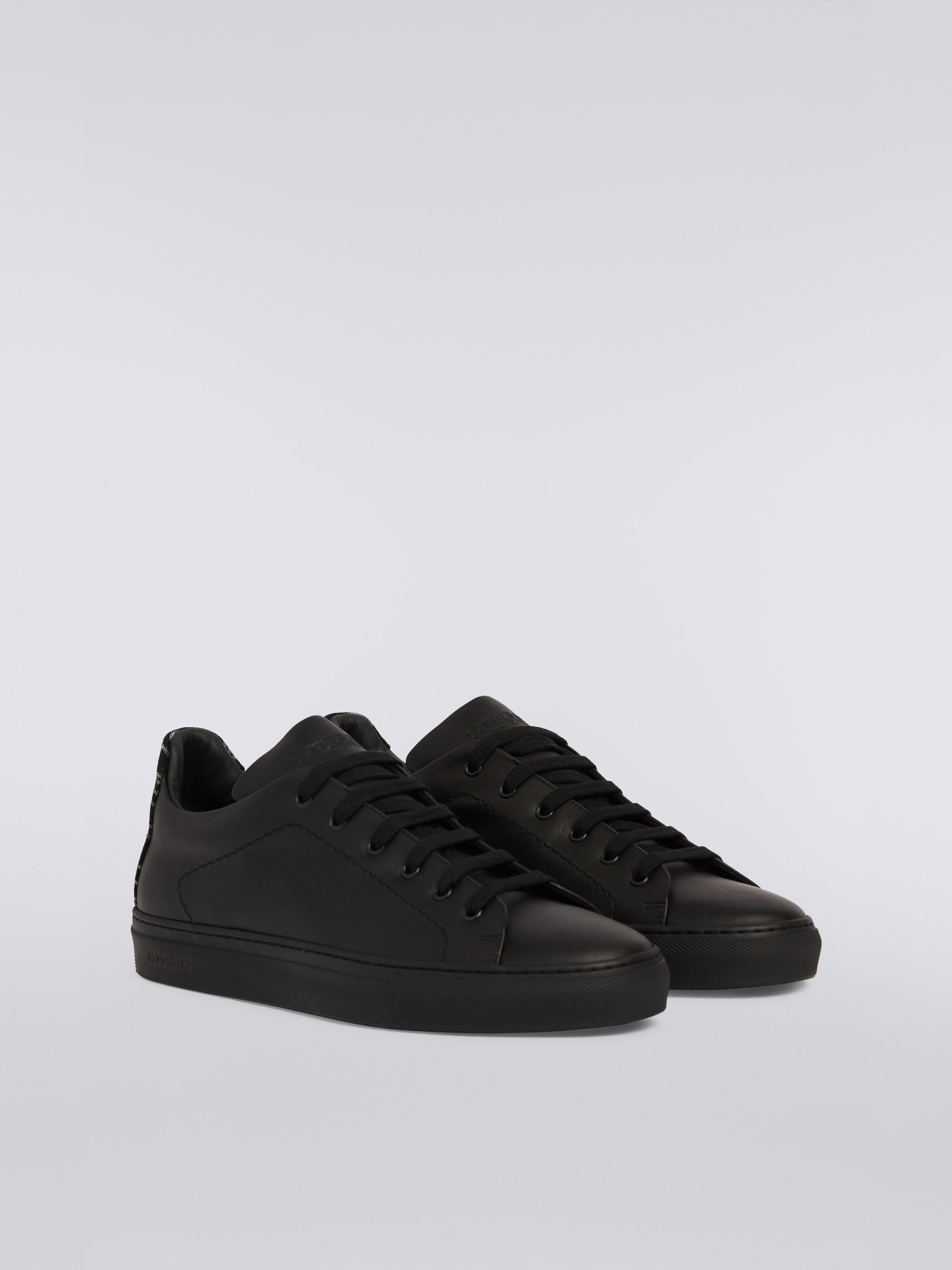 Leather trainers with slub insert, Black    - 1