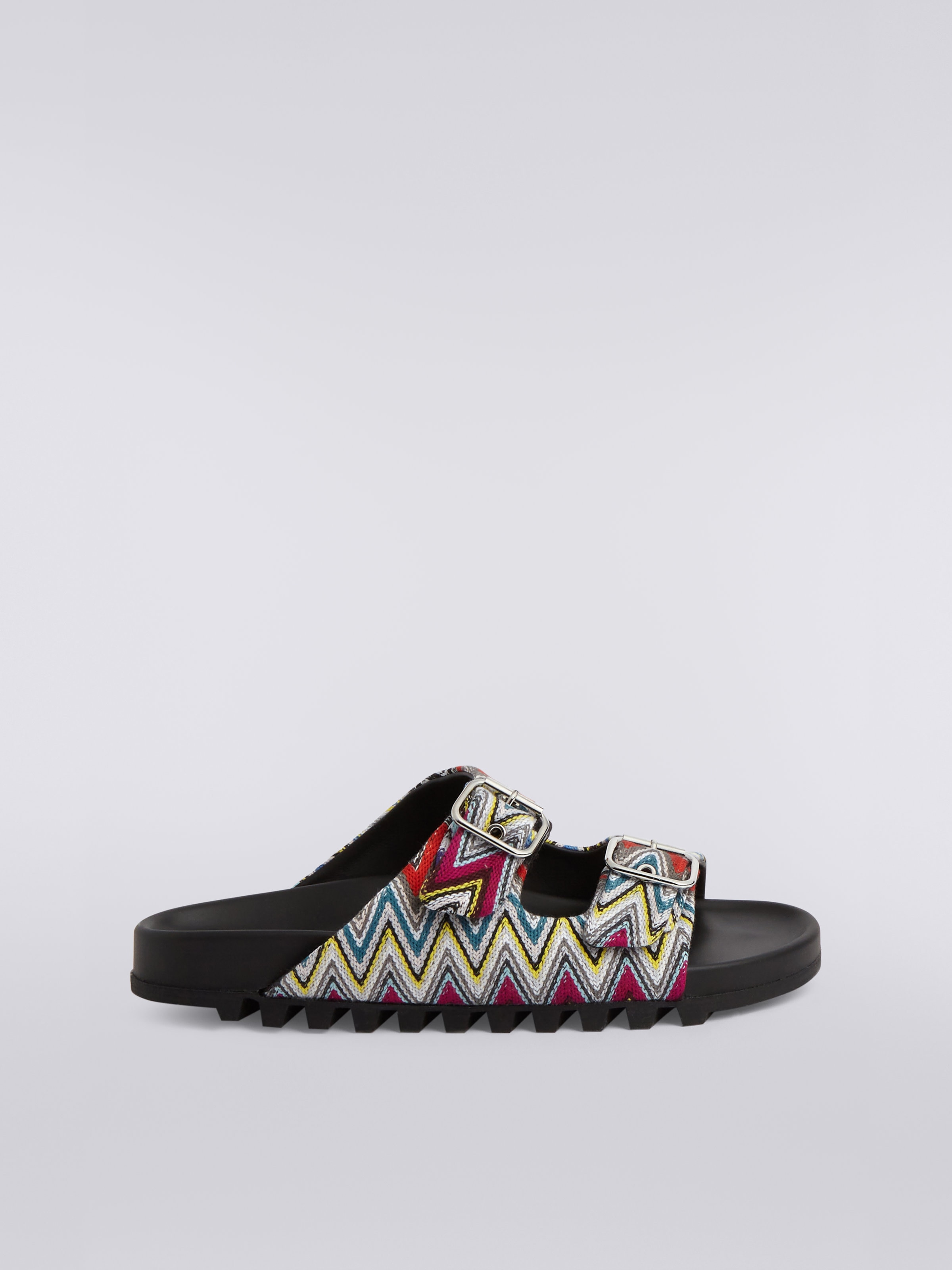 Sandals with double strap in slub fabric, Multicoloured  - 0