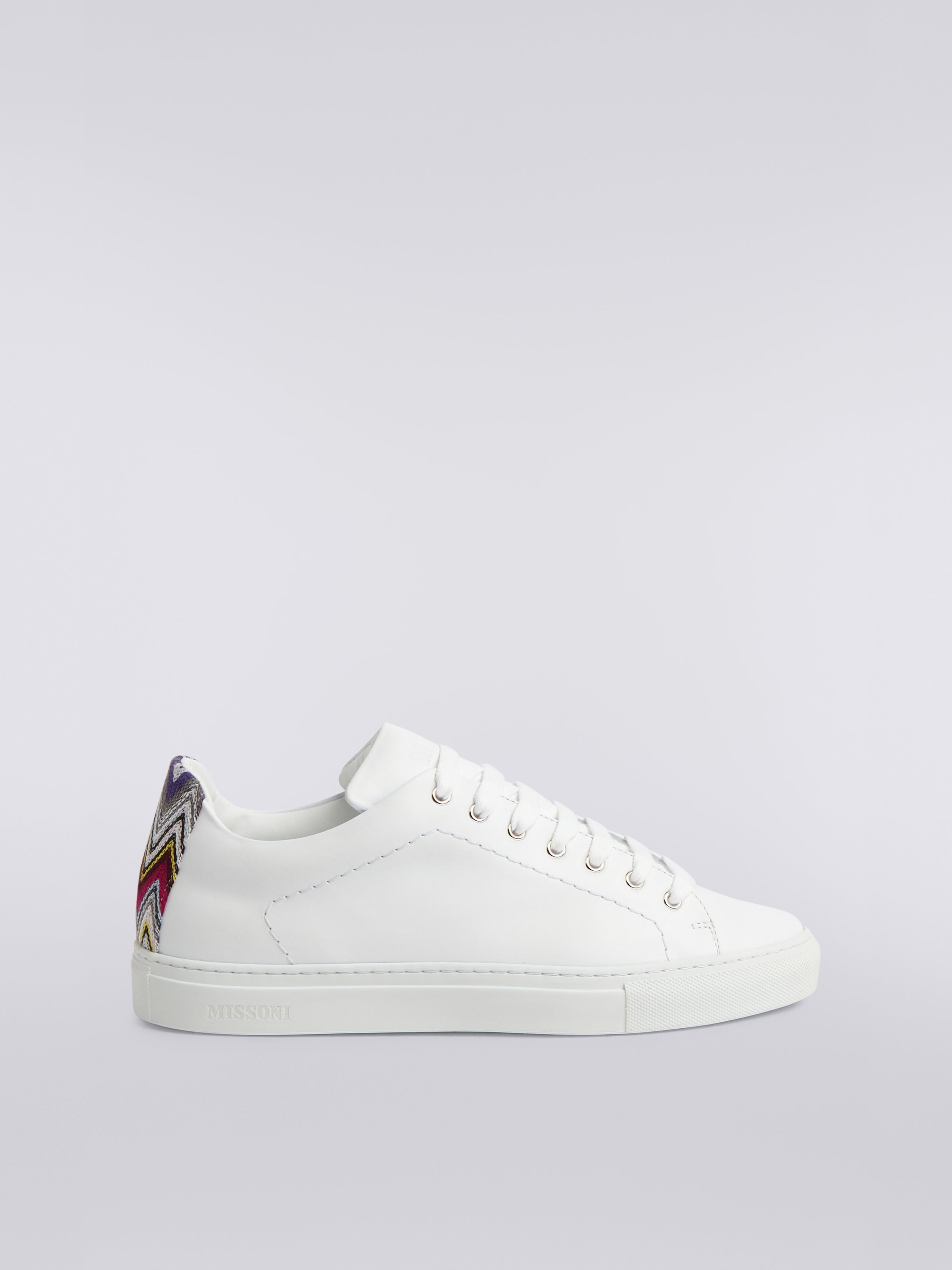 Leather trainers with chevron knit details, White  - 0