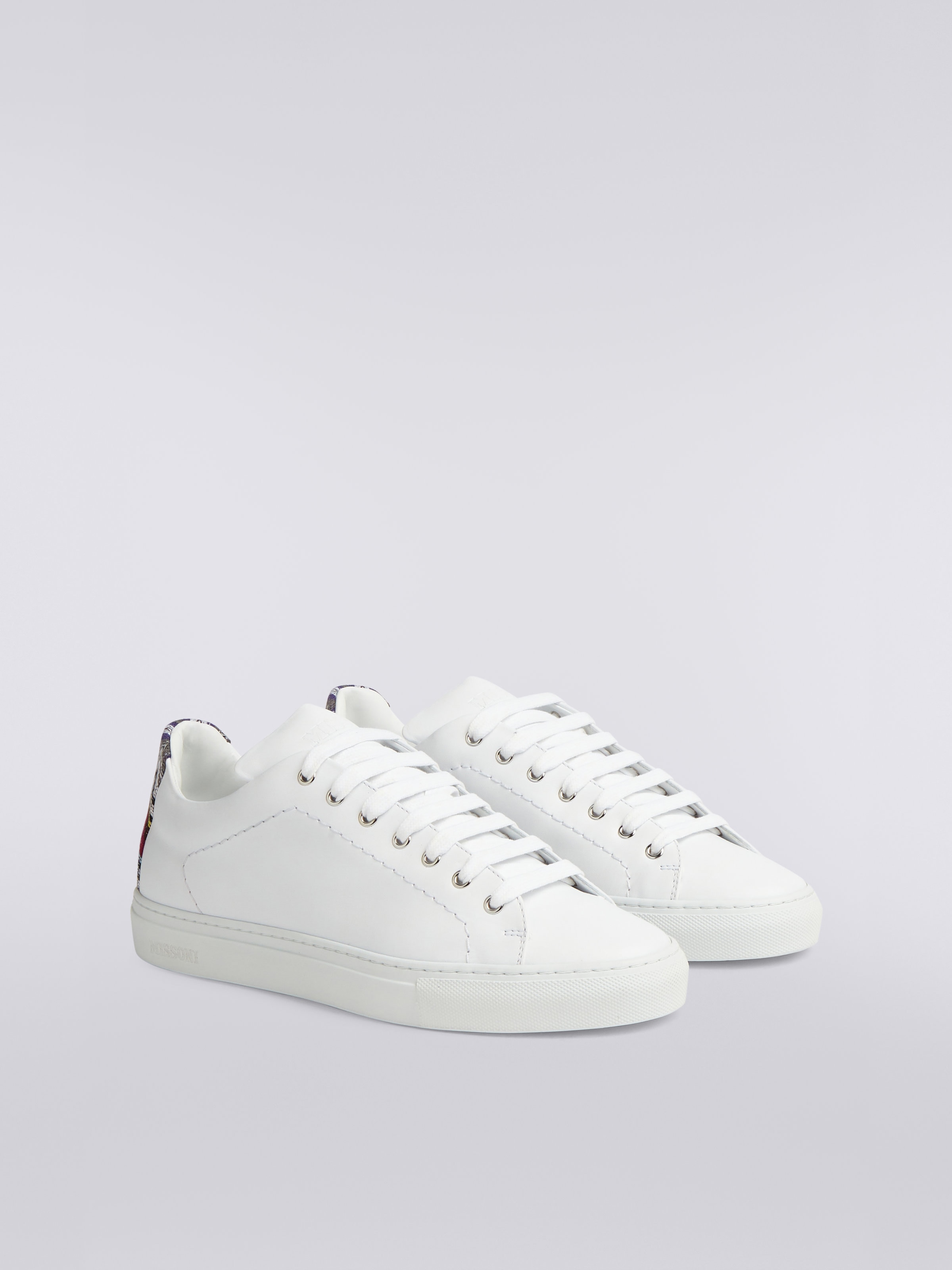 Leather trainers with chevron knit details, White  - 1