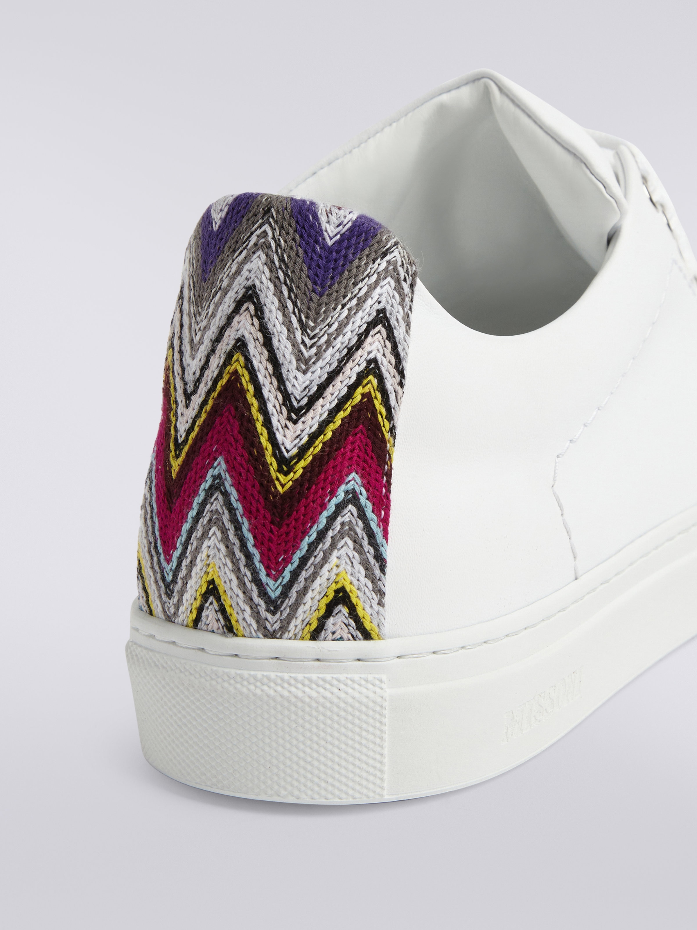 Leather trainers with chevron knit details, White  - 3
