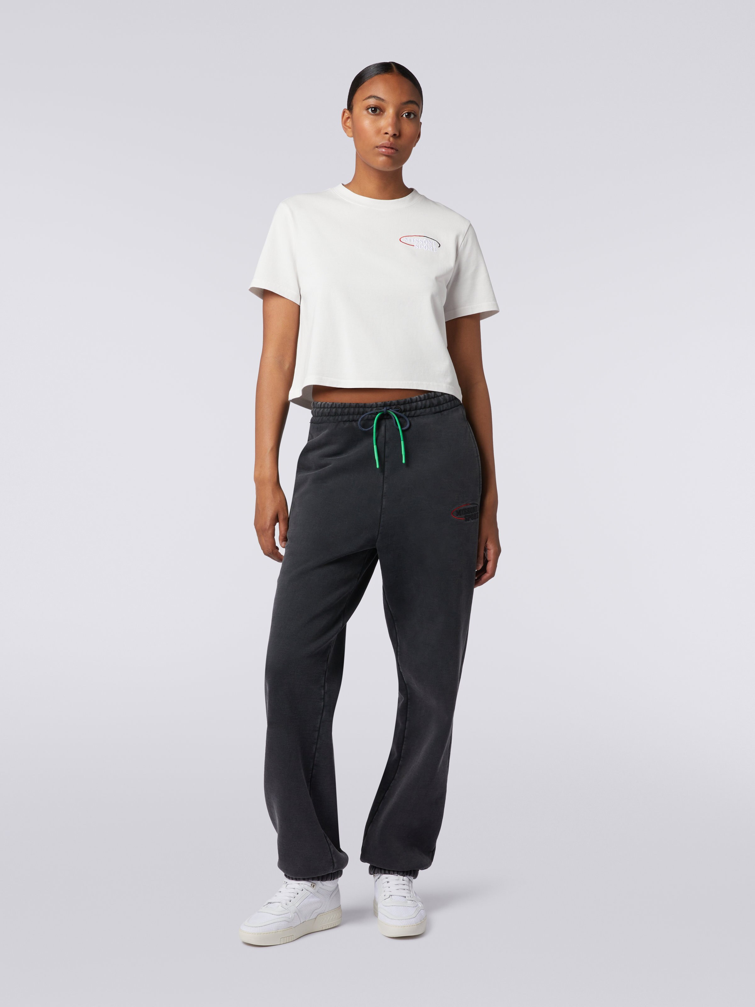 Cropped cotton jersey T-shirt with embroidered logo , White  - 1
