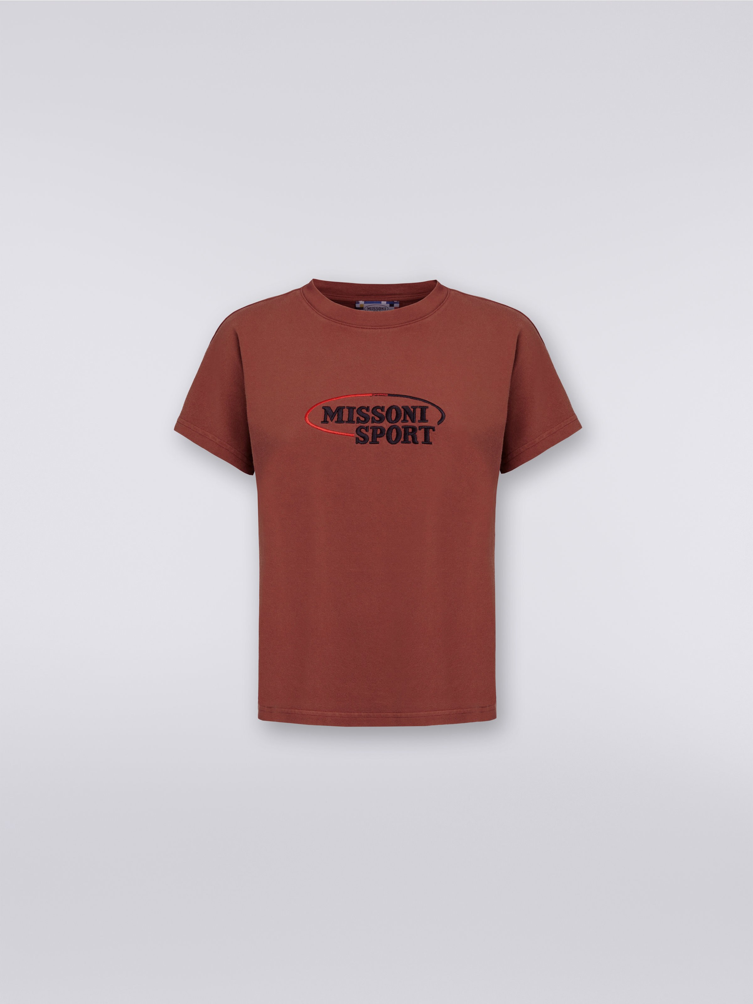 Cotton jersey T-shirt with embroidered logo, Rust - 0