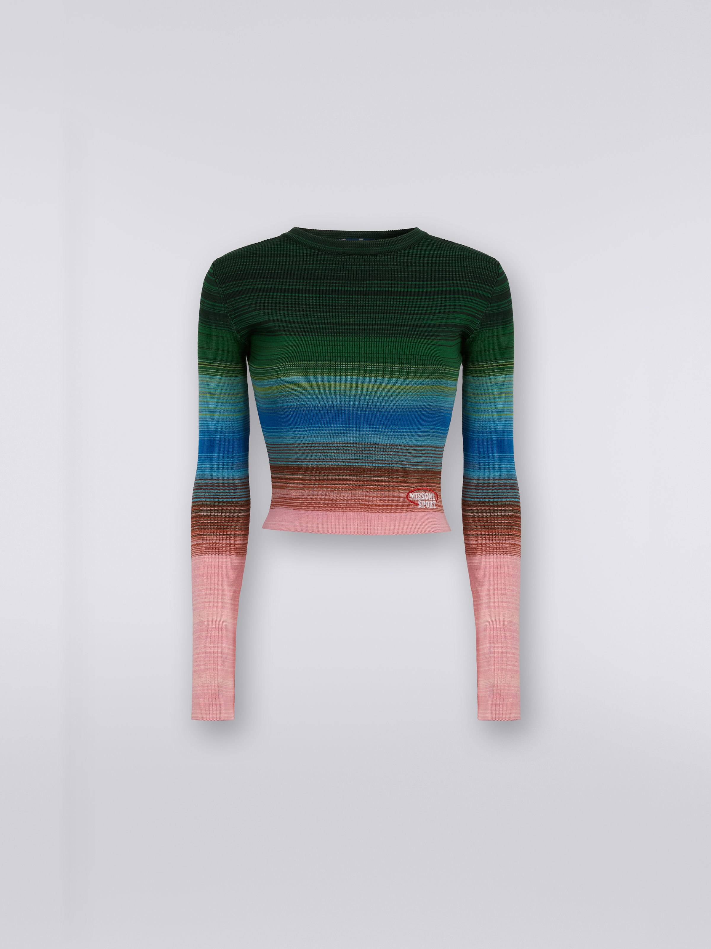 Long-sleeved crew-neck jumper in striped cotton and  viscose, Multicoloured  - 0