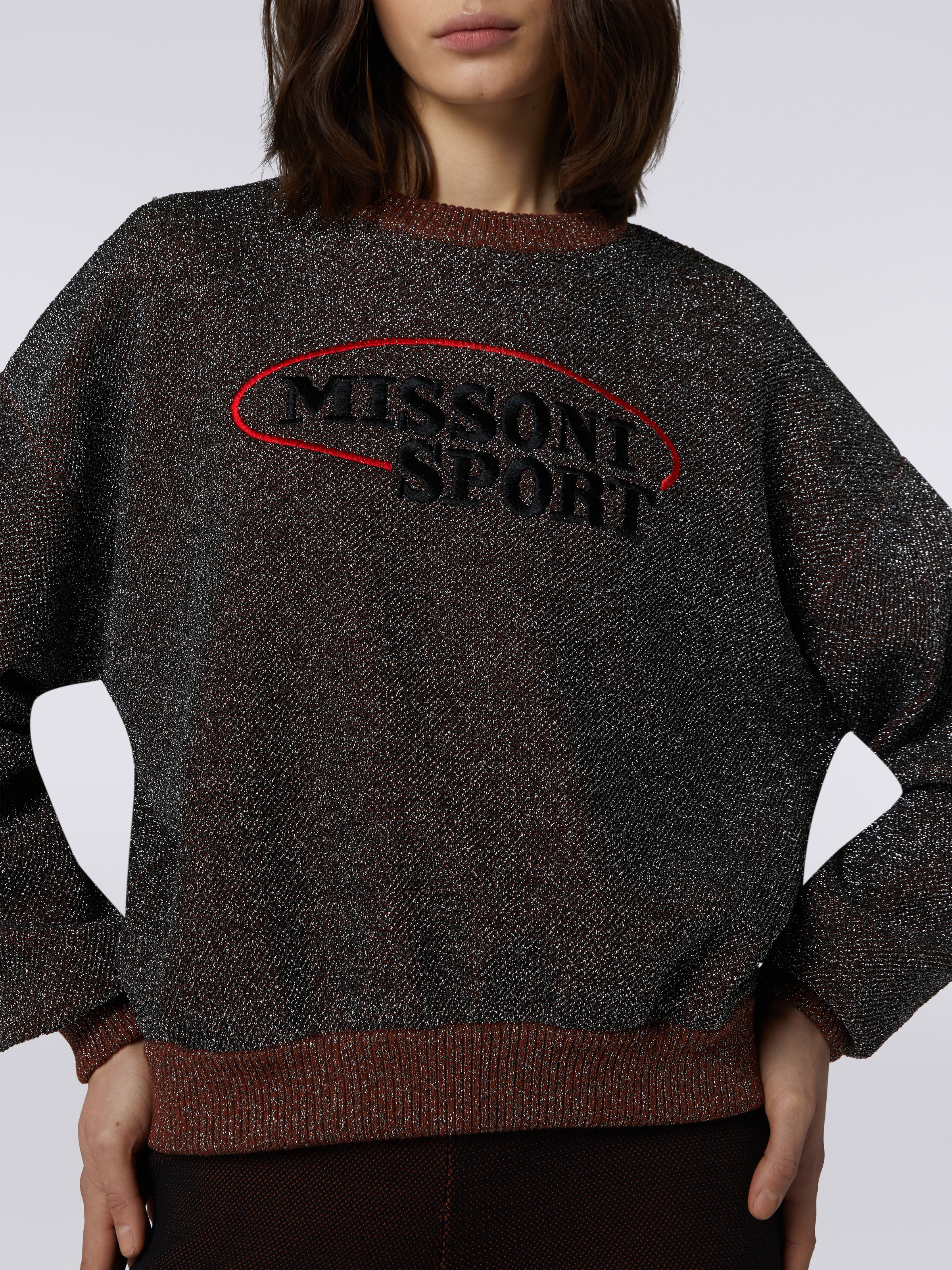 Pullover girocollo in cotone e viscosa con lurex e logo, Multicolore  - 4