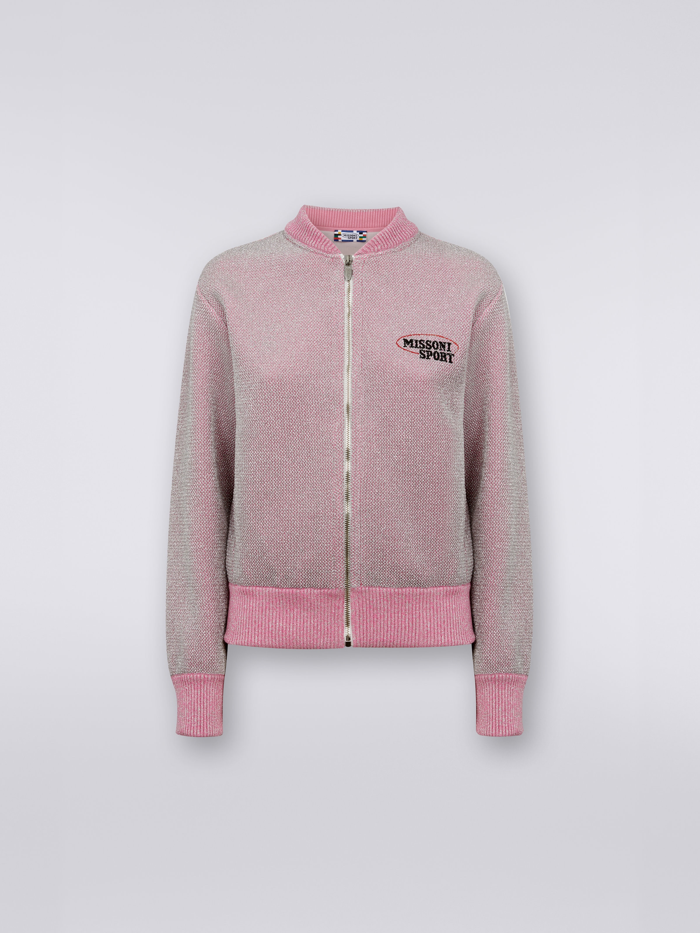 Cotton and viscose zipped sweatshirt with lurex and logo, Pink   - 0