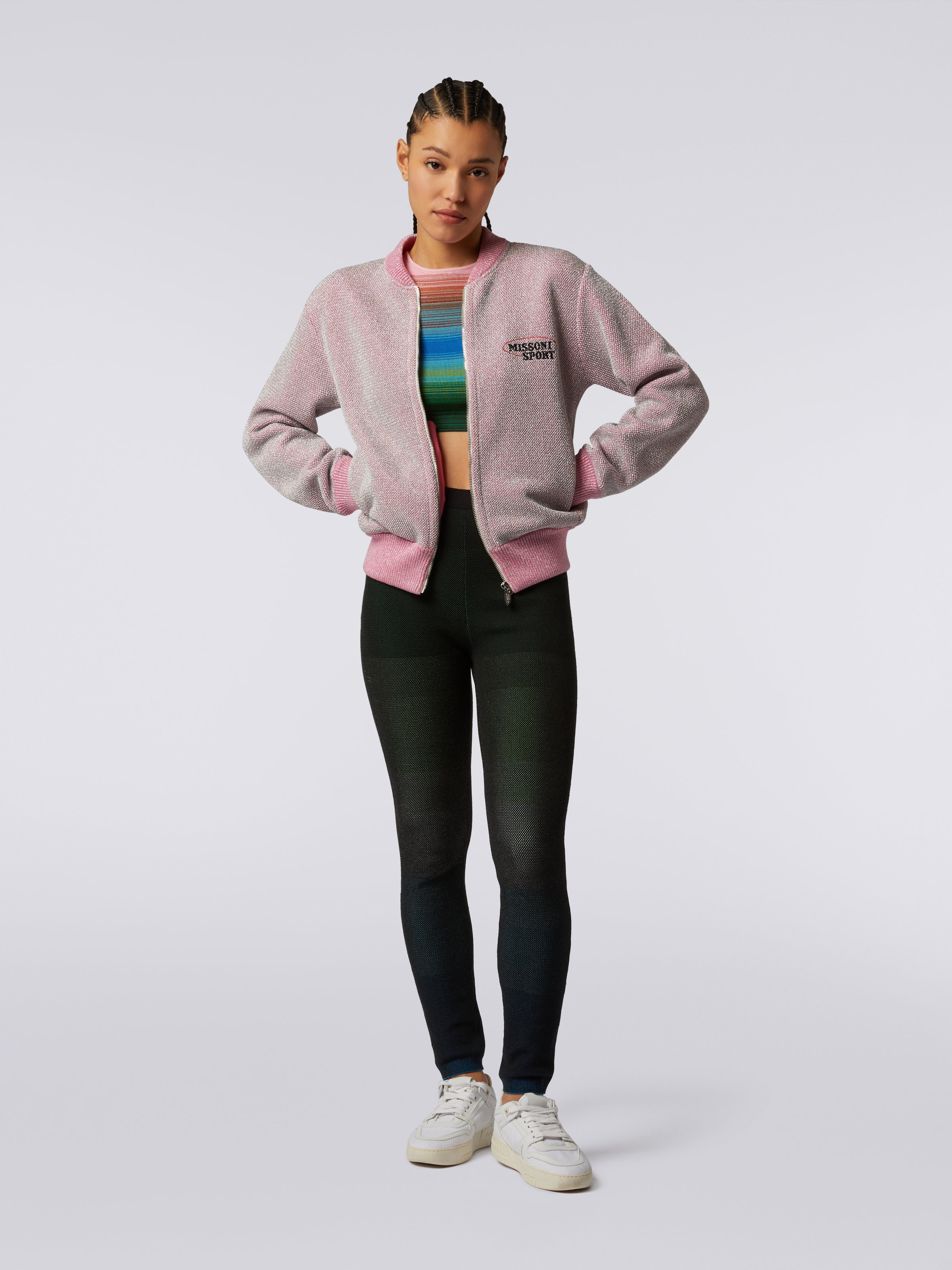 Cotton and viscose zipped sweatshirt with lurex and logo, Pink   - 1
