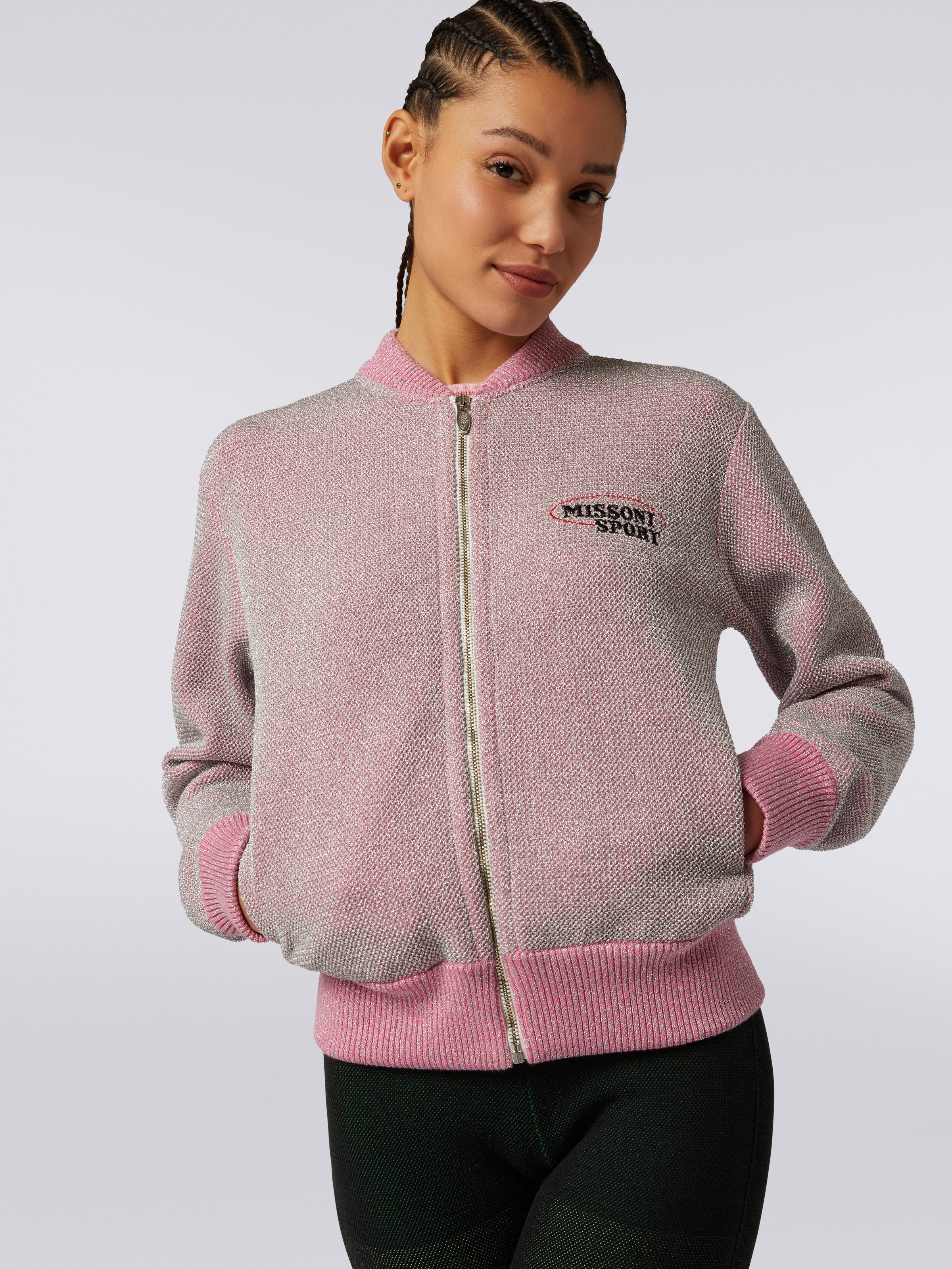 Cotton and viscose zipped sweatshirt with lurex and logo, Pink   - 4