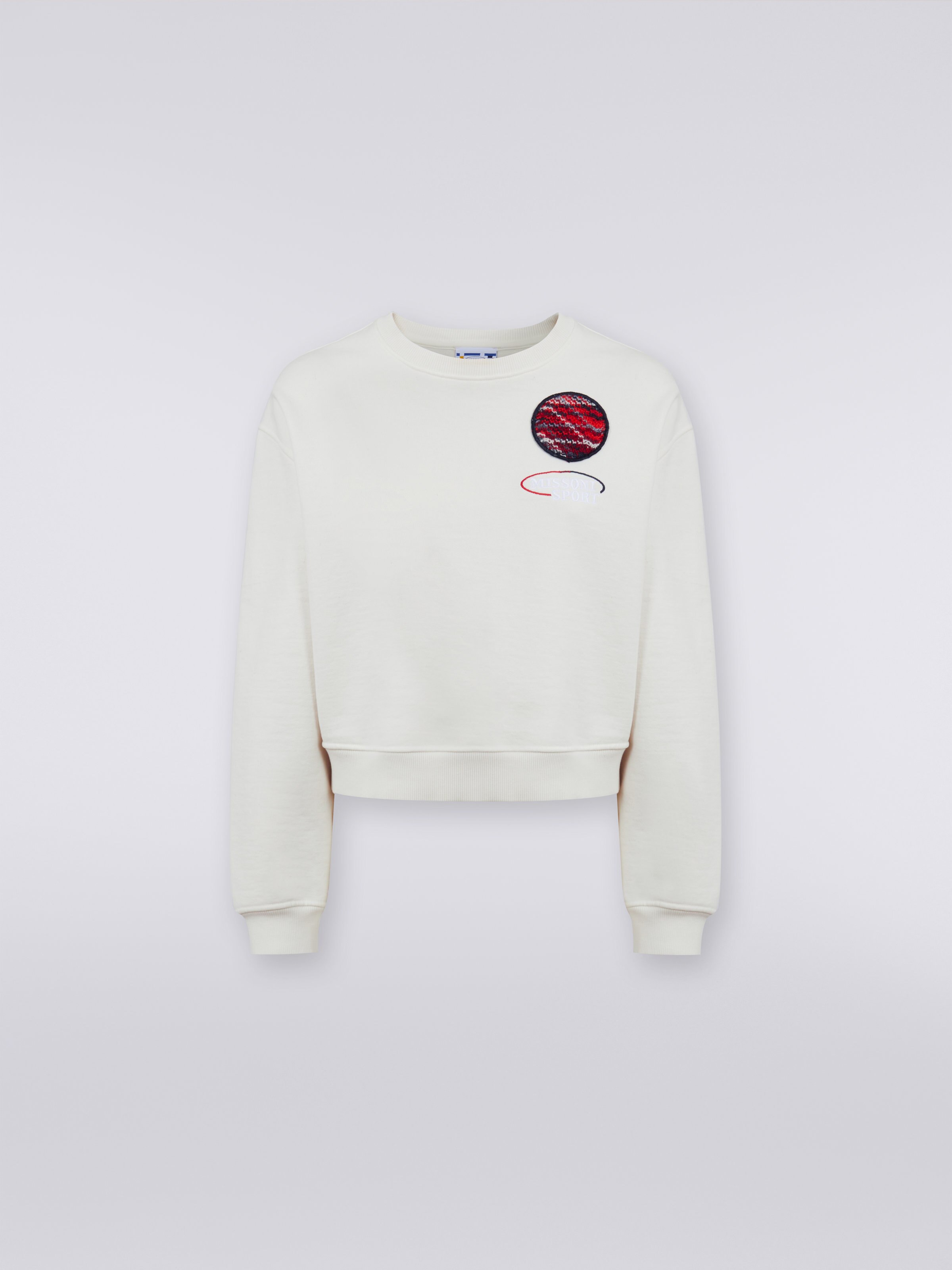 Cotton crew-neck sweatshirt with knitted insert and logo, White  - 0