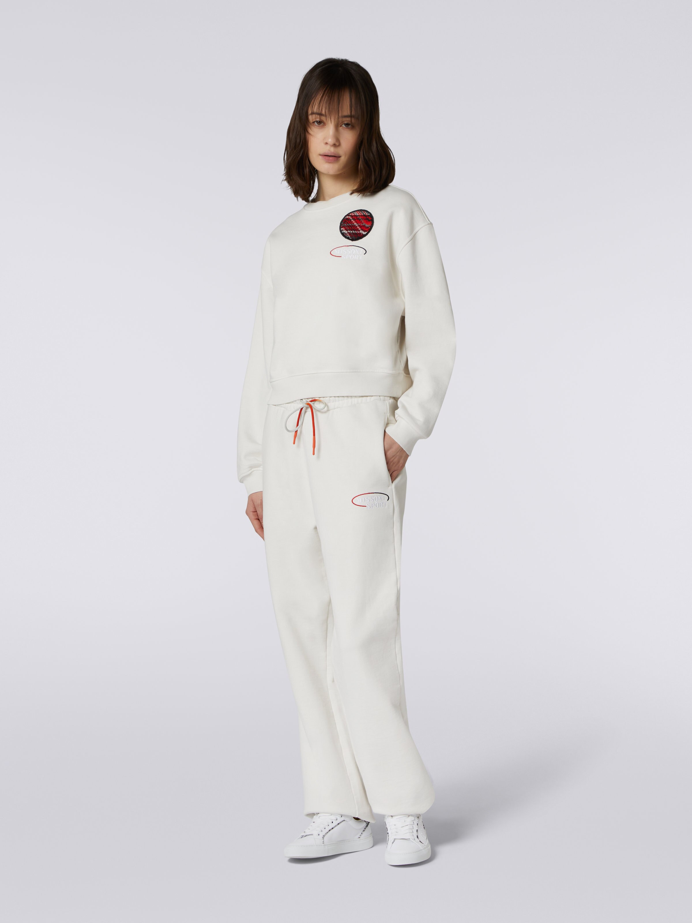 Cotton crew-neck sweatshirt with knitted insert and logo, White  - 1