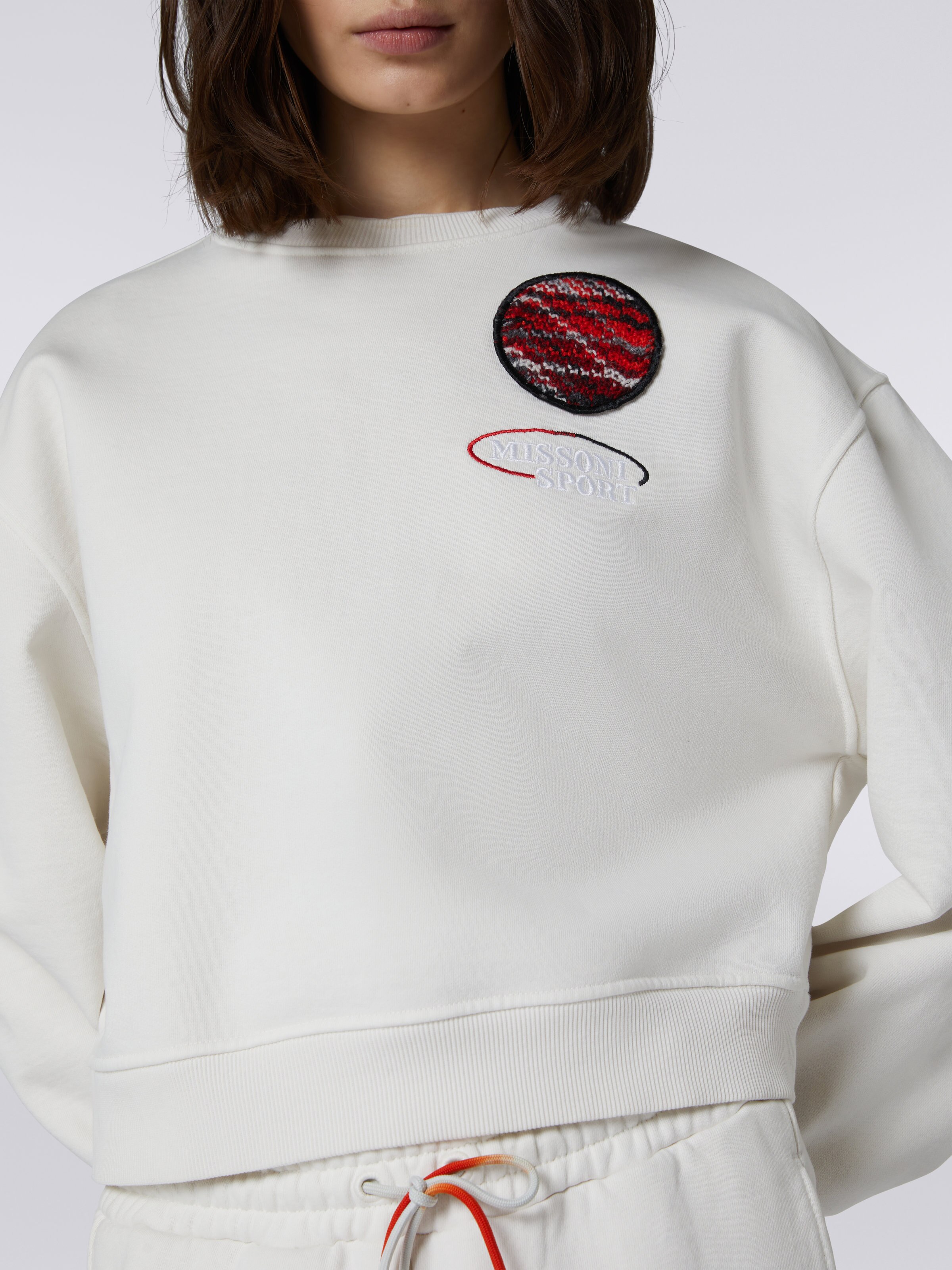 Cotton crew-neck sweatshirt with knitted insert and logo, White  - 4