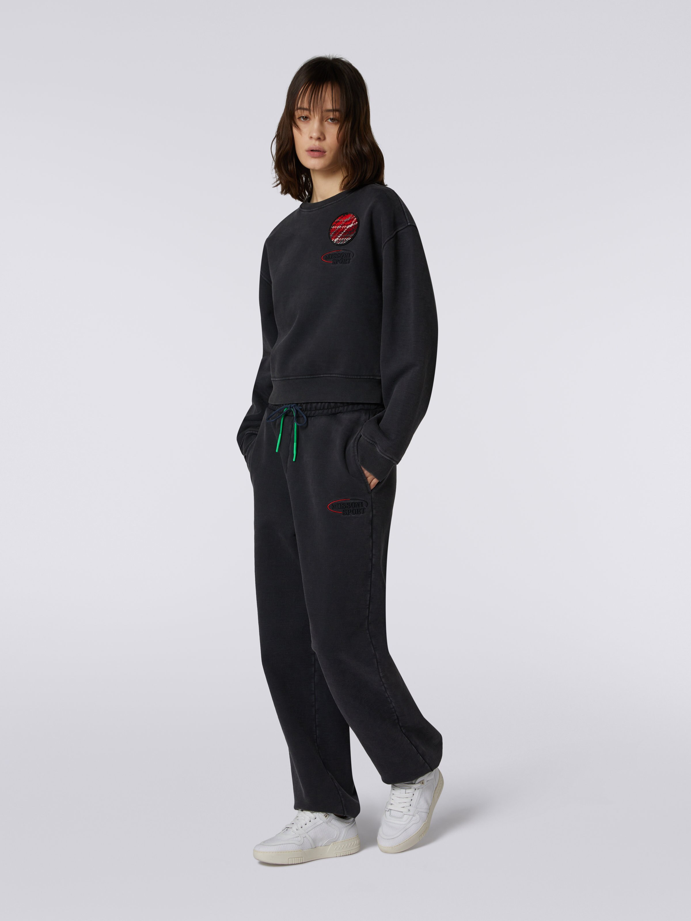 Cotton crew-neck sweatshirt with knitted insert and logo, Grey - 2