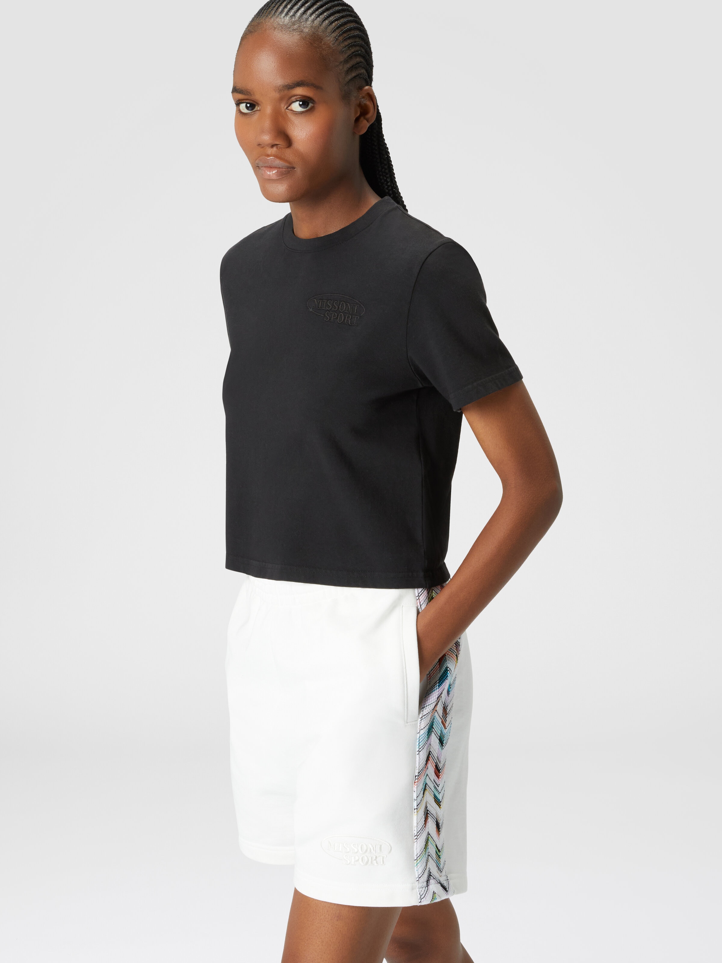 Short en sweat de coton avec logo et bandes latérales tricotées, Multicolore  - 3