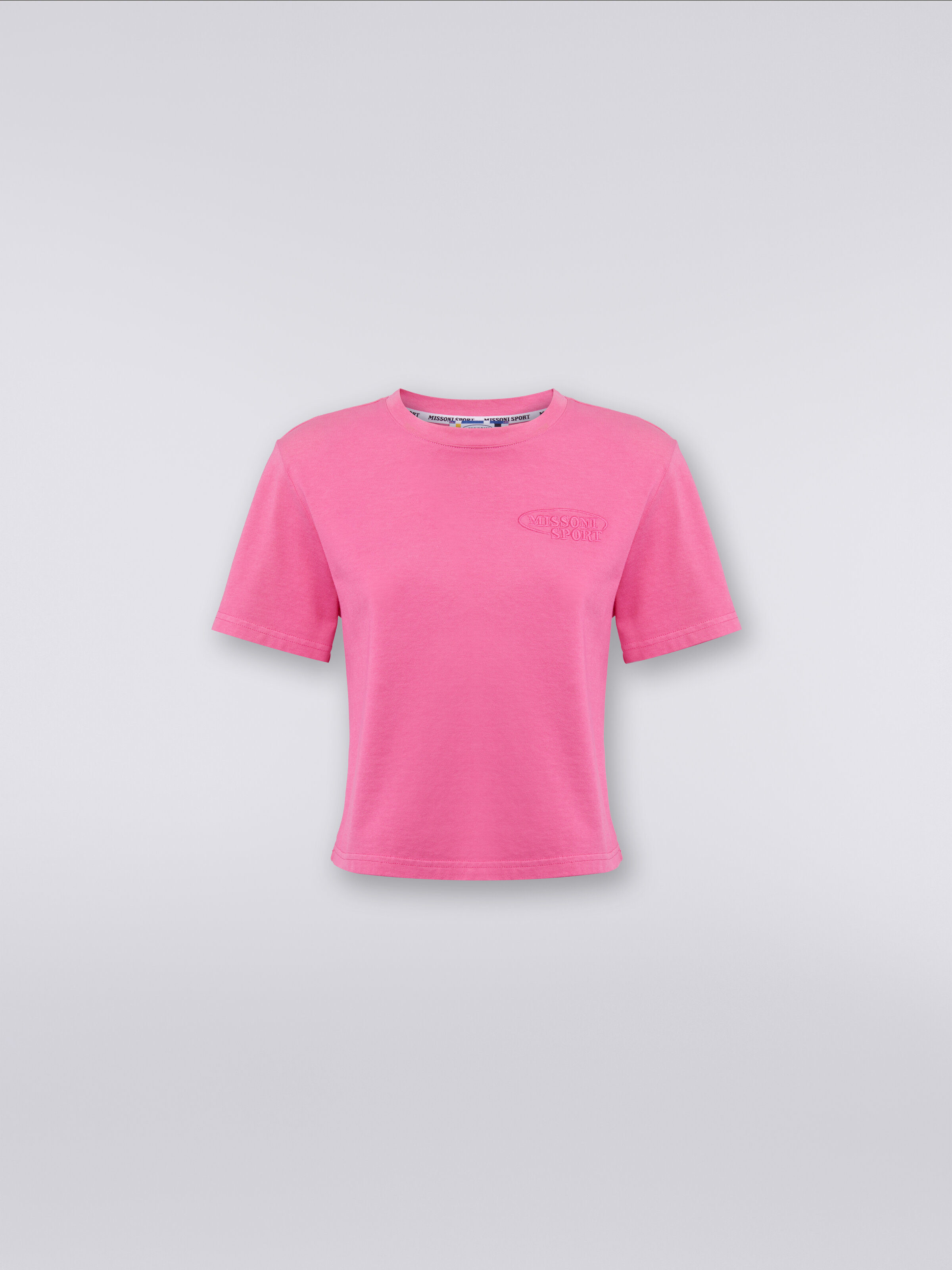 Kurzes Baumwoll-T-Shirt mit Rundhalsausschnitt und Logo, Rosa   - 0