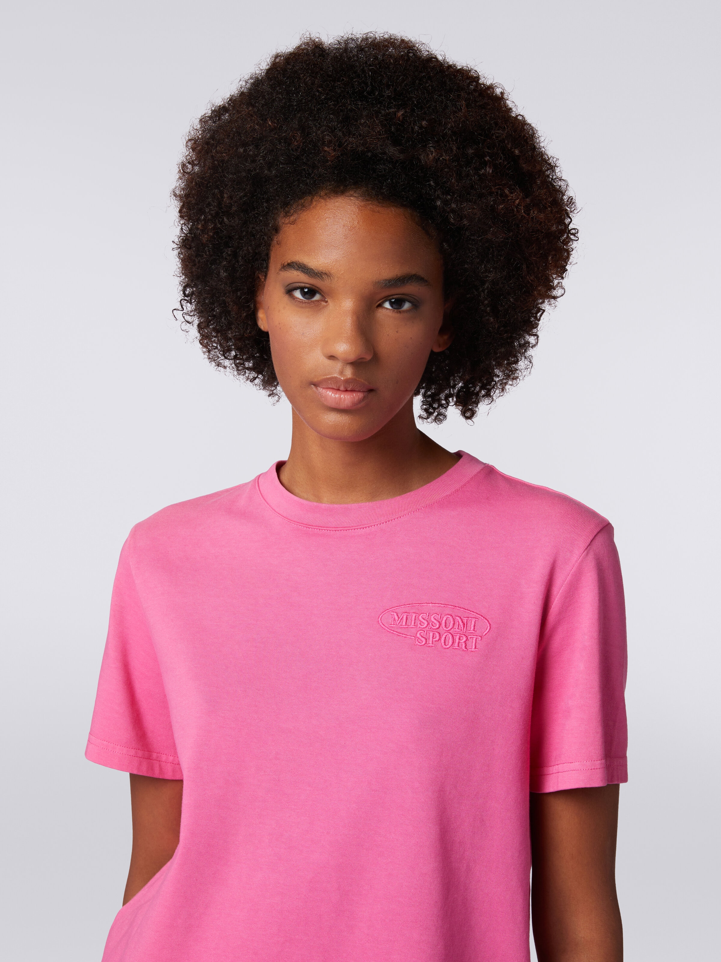 Camiseta de cuello redondo crop de algodón con logotipo, Rosa   - 4