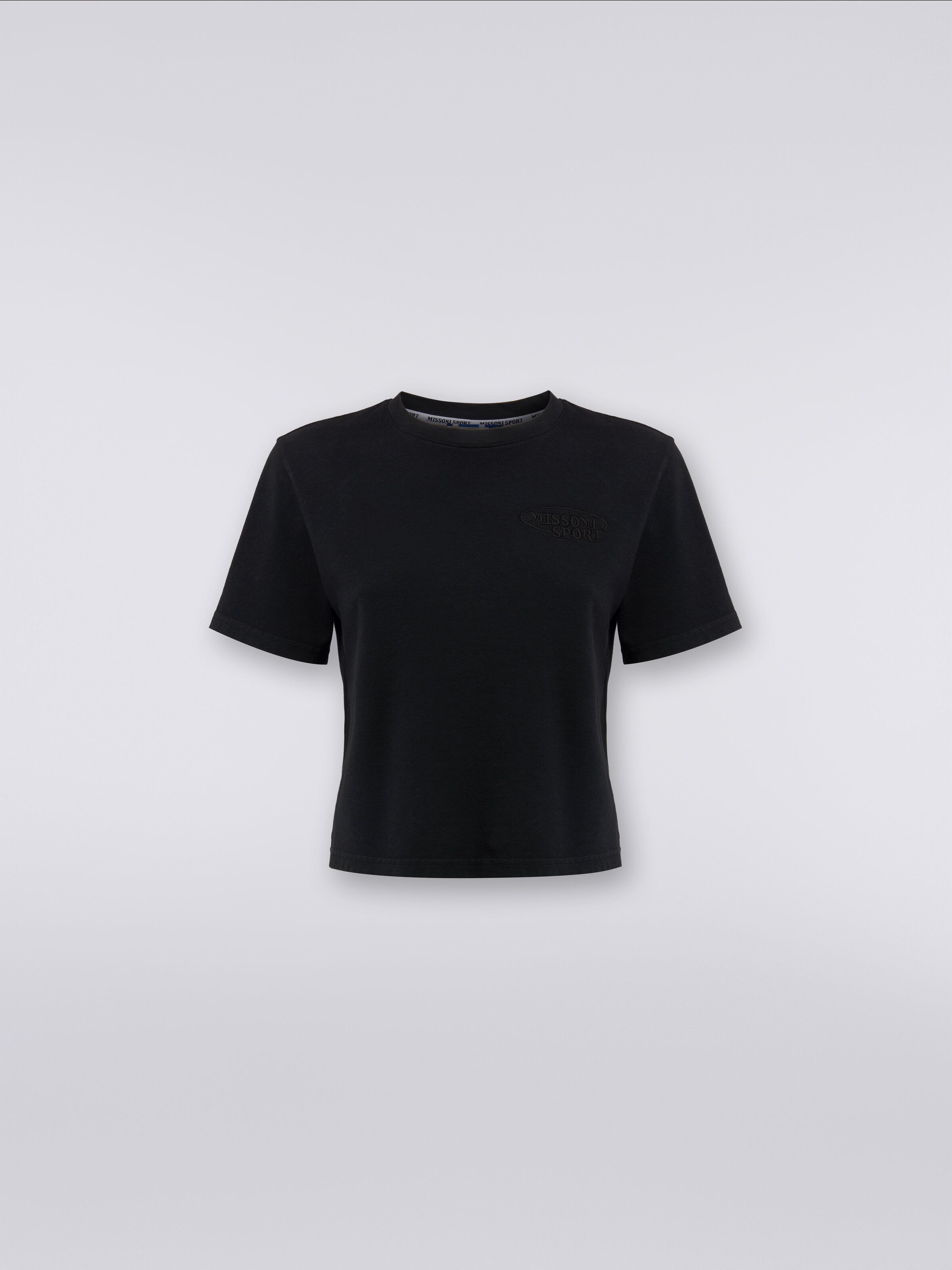 Kurzes Baumwoll-T-Shirt mit Rundhalsausschnitt und Logo, Schwarz    - 0