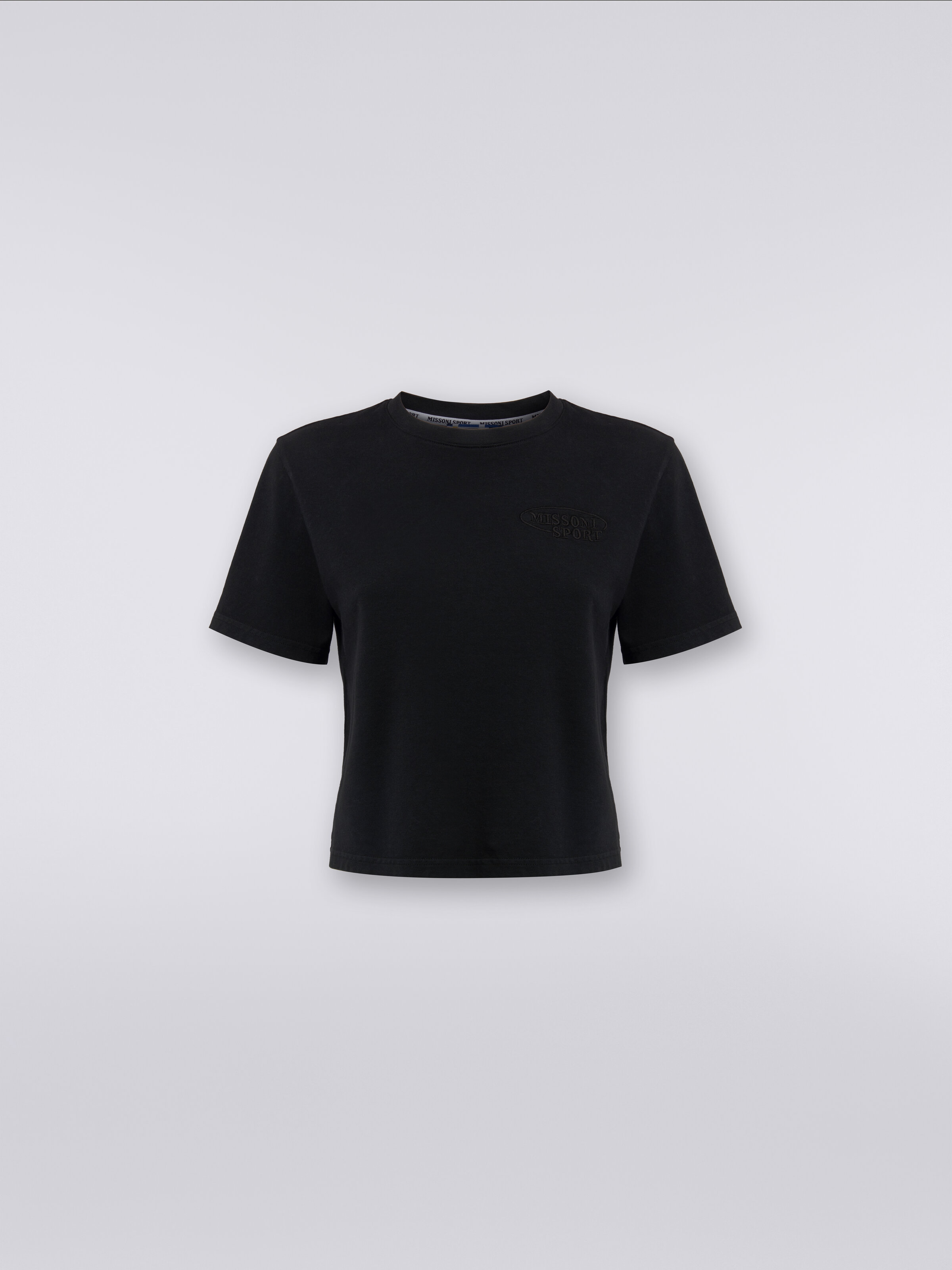 T-shirt girocollo crop in cotone con logo, Nero    - 0