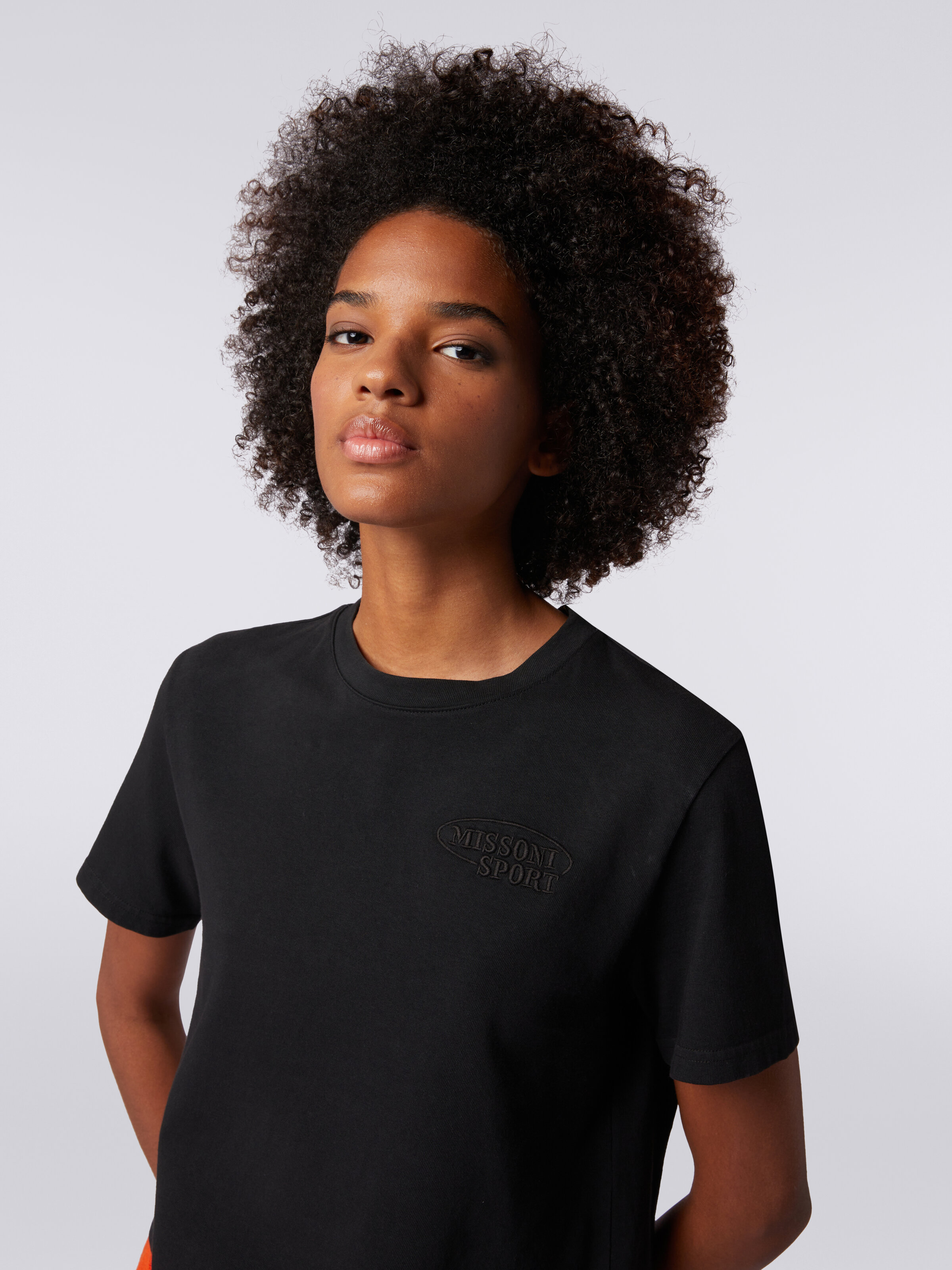 Camiseta de cuello redondo crop de algodón con logotipo, Negro    - 4