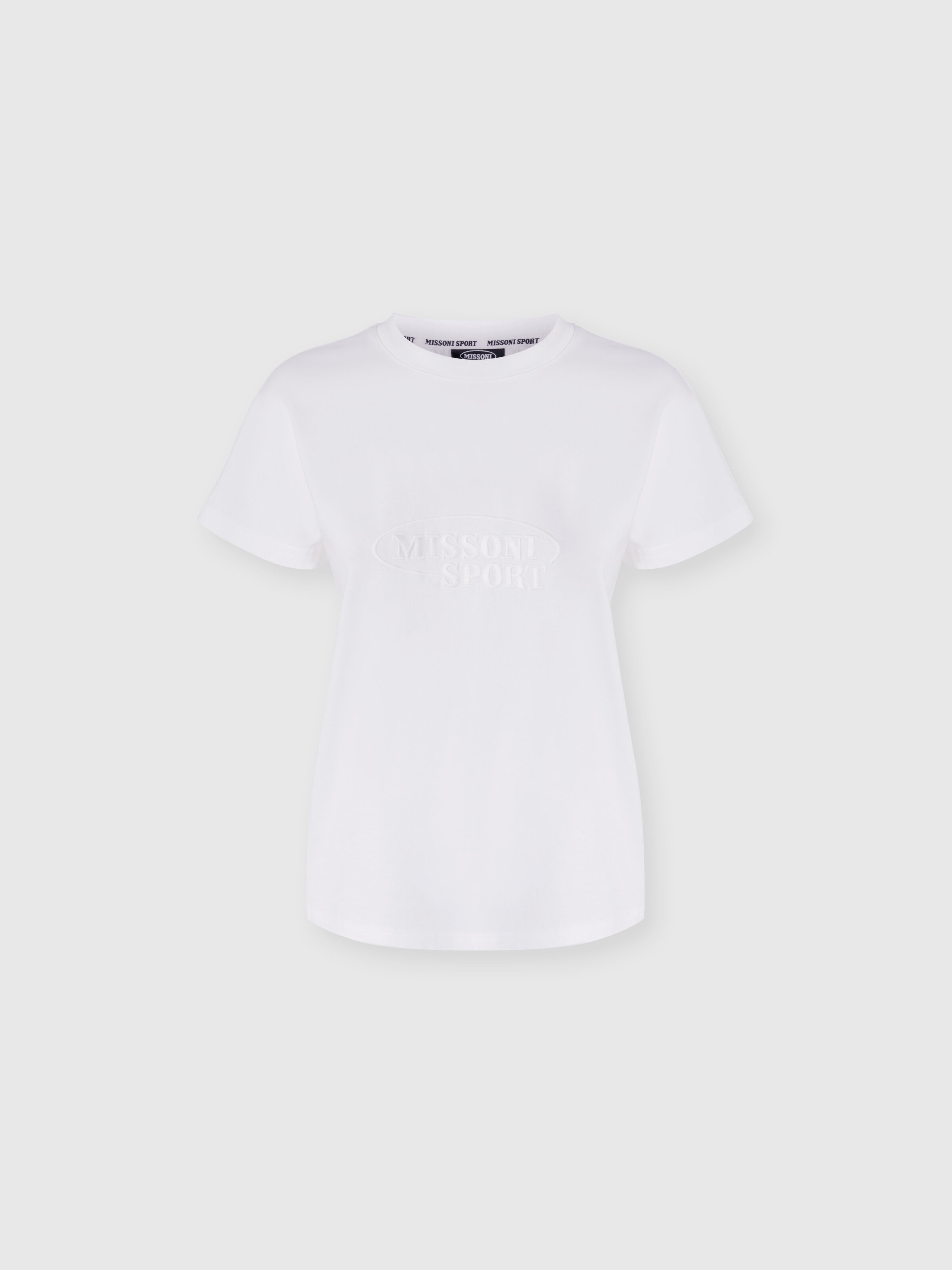 Camiseta de cuello redondo de algodón con logotipo, Blanco  - 0