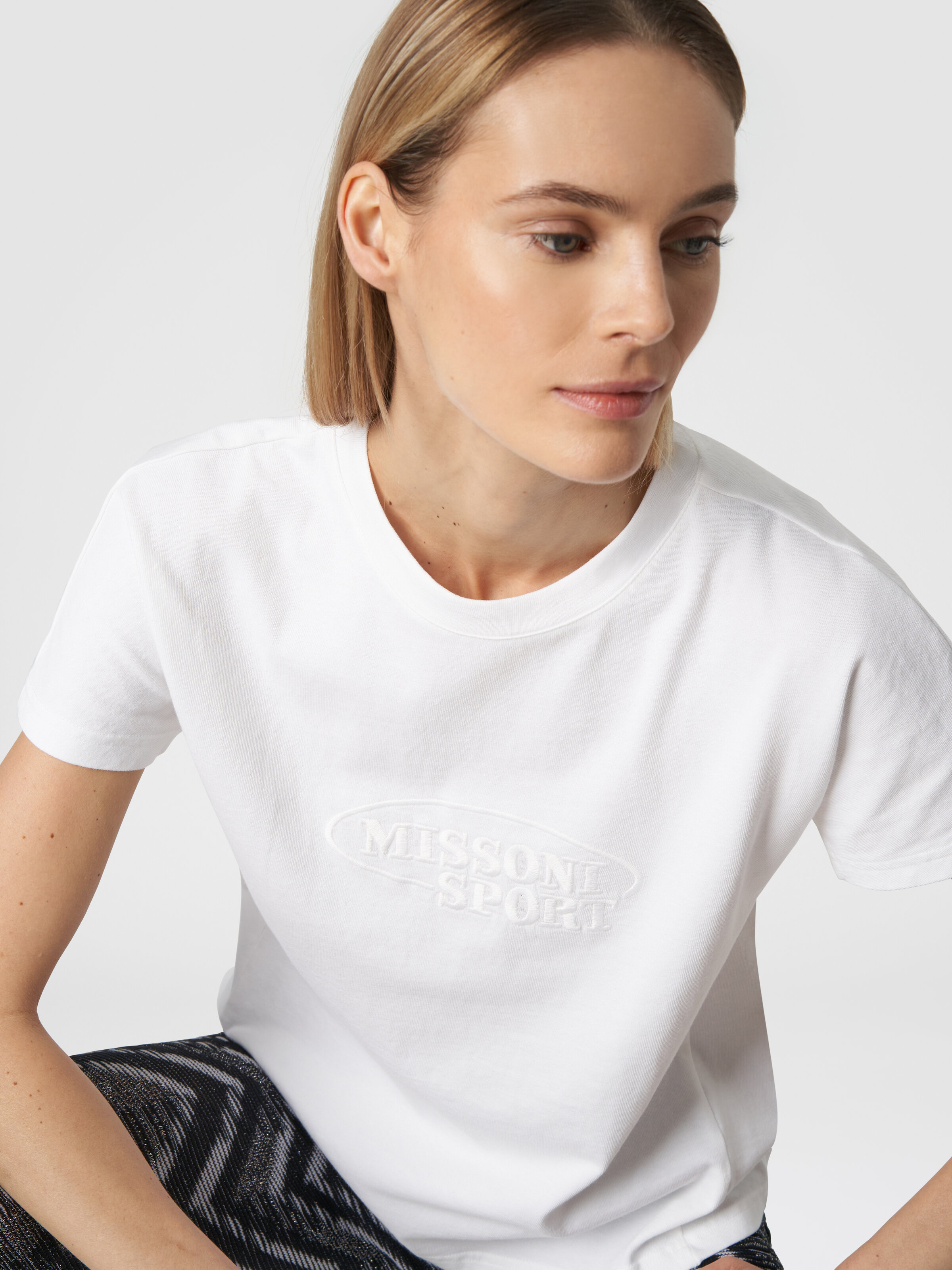 T-shirt à col rond en coton avec logo, Blanc  - 3
