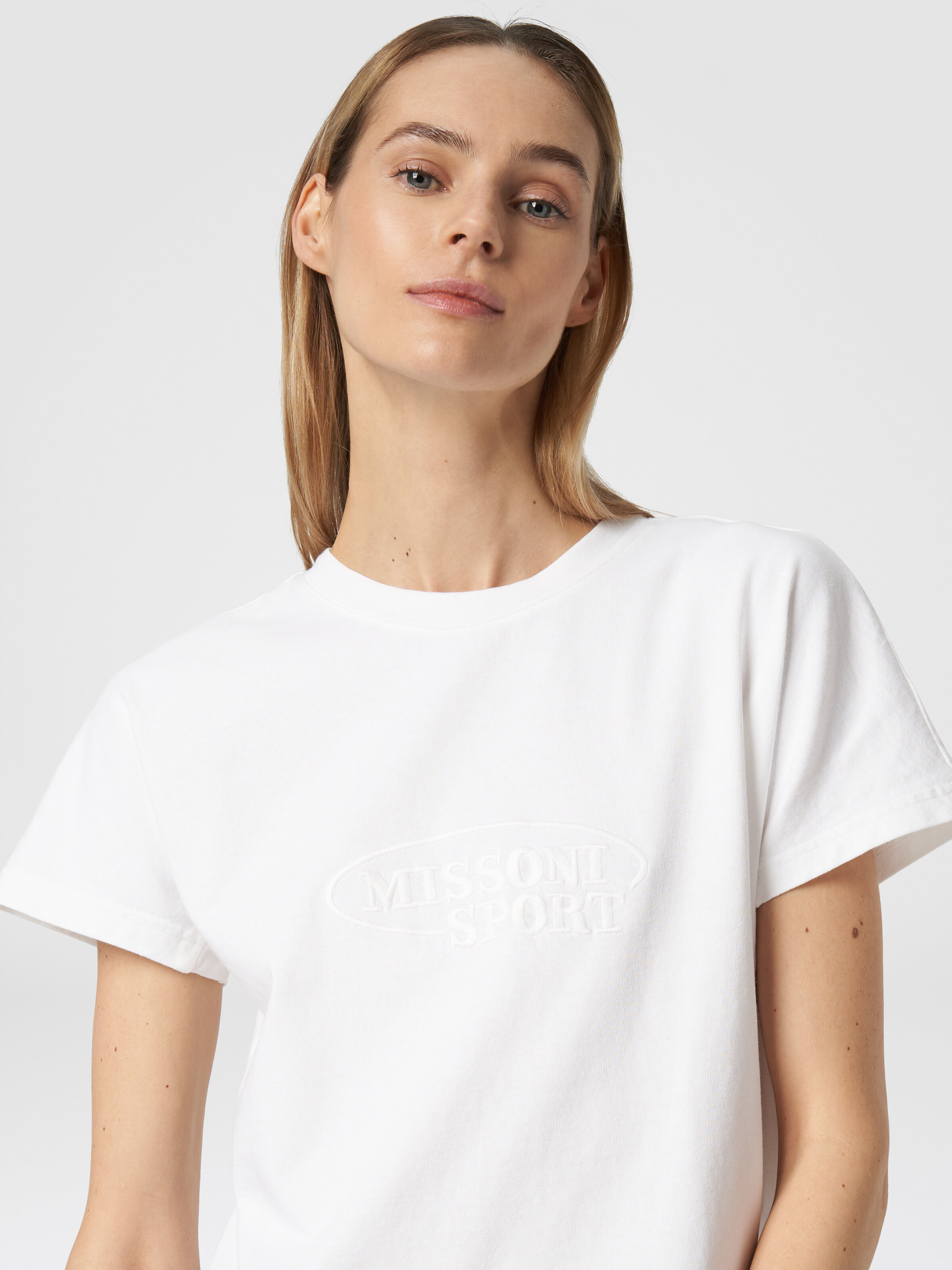 Camiseta de cuello redondo de algodón con logotipo, Blanco  - 4