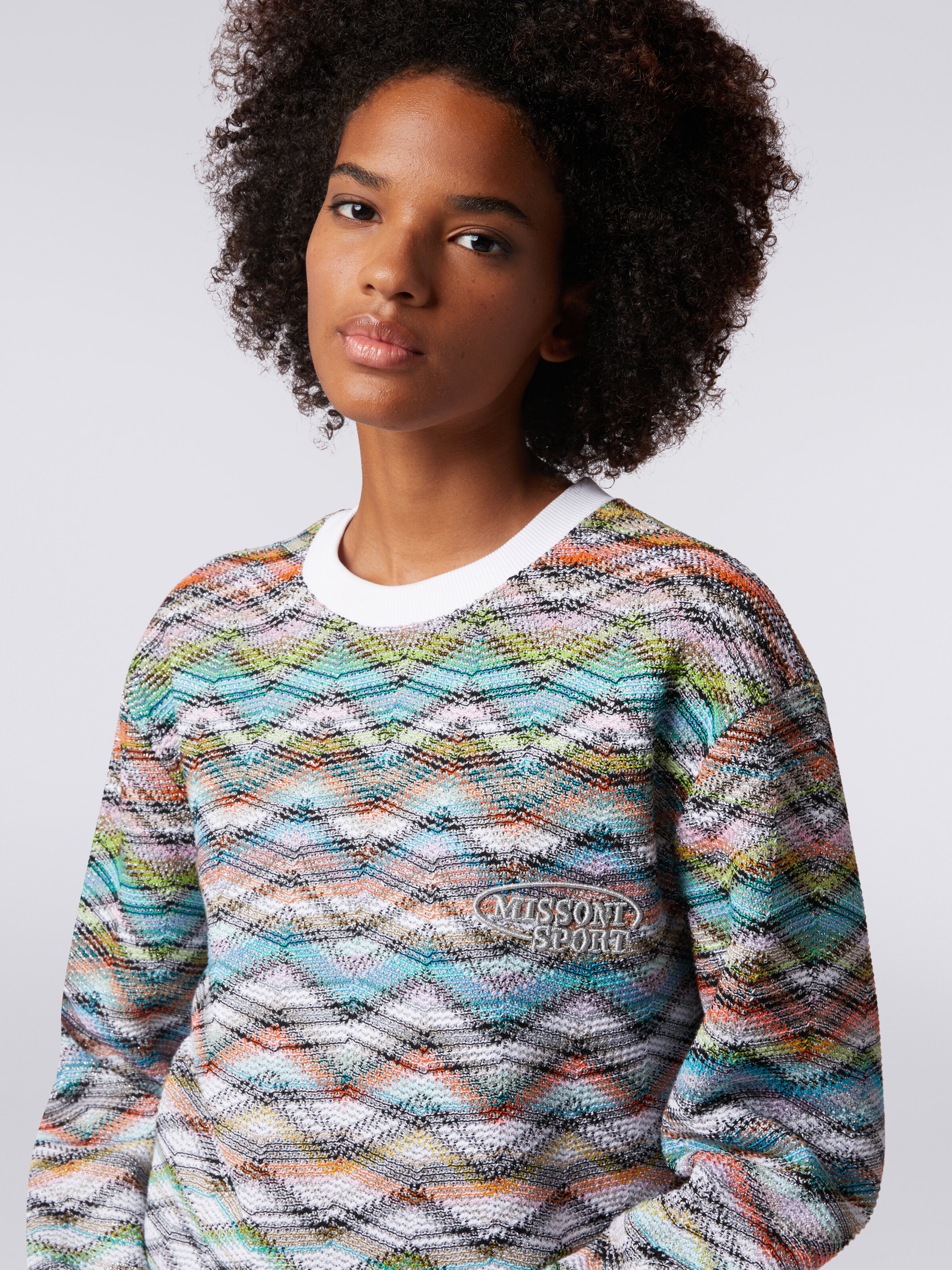 Felpa girocollo in maglia con lurex e logo, Multicolore  - 4