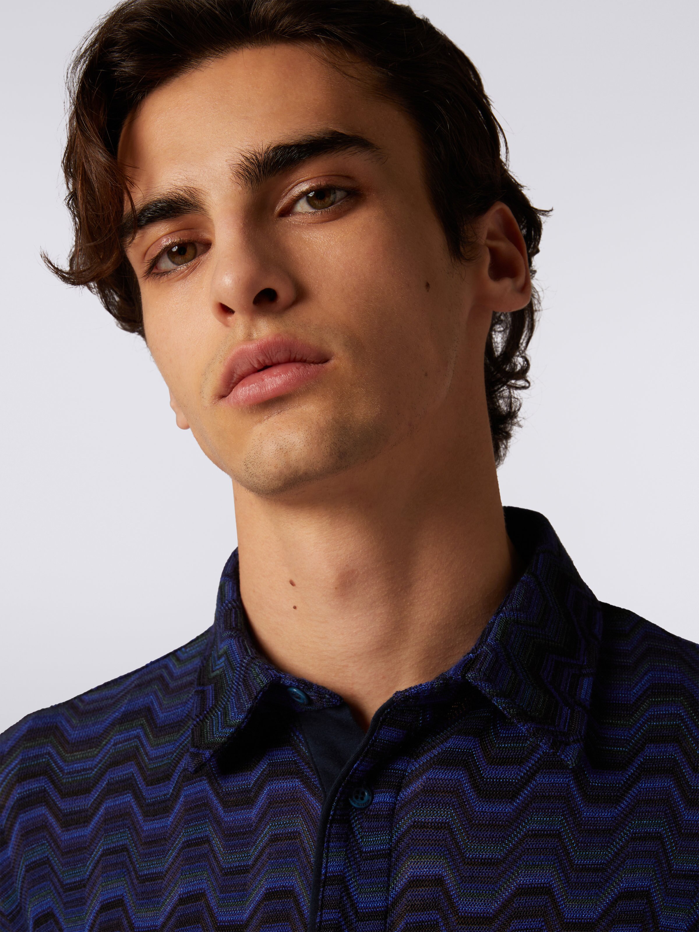 Viscose blend polo shirt with Greek fret pattern , Multicoloured  - 4