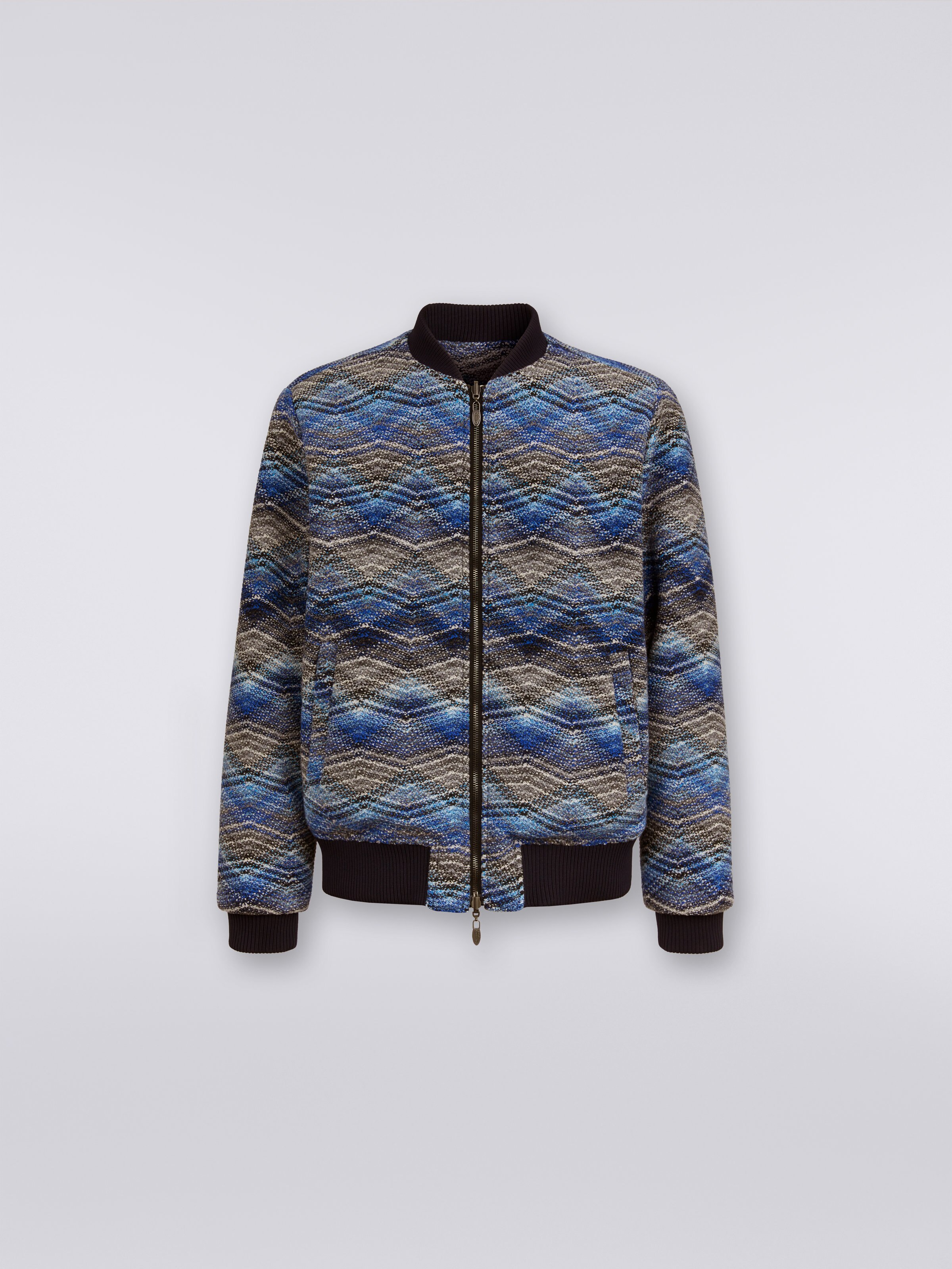 Wool blend bomber jacket with zigzag pattern, Blue - 0