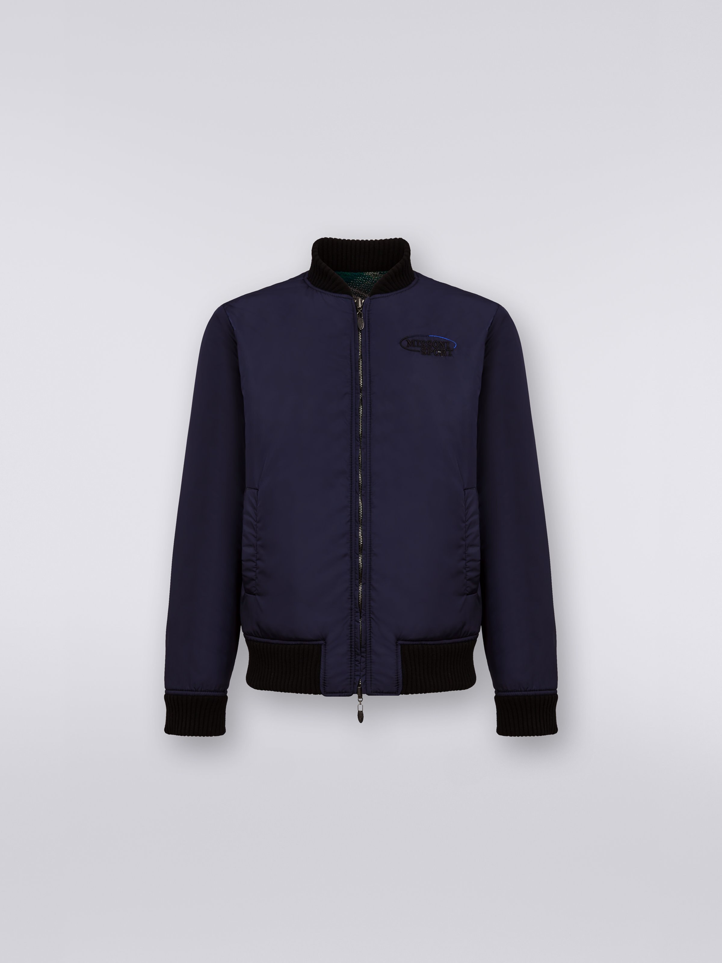 Wool blend bomber jacket with zigzag pattern, Blue - 1