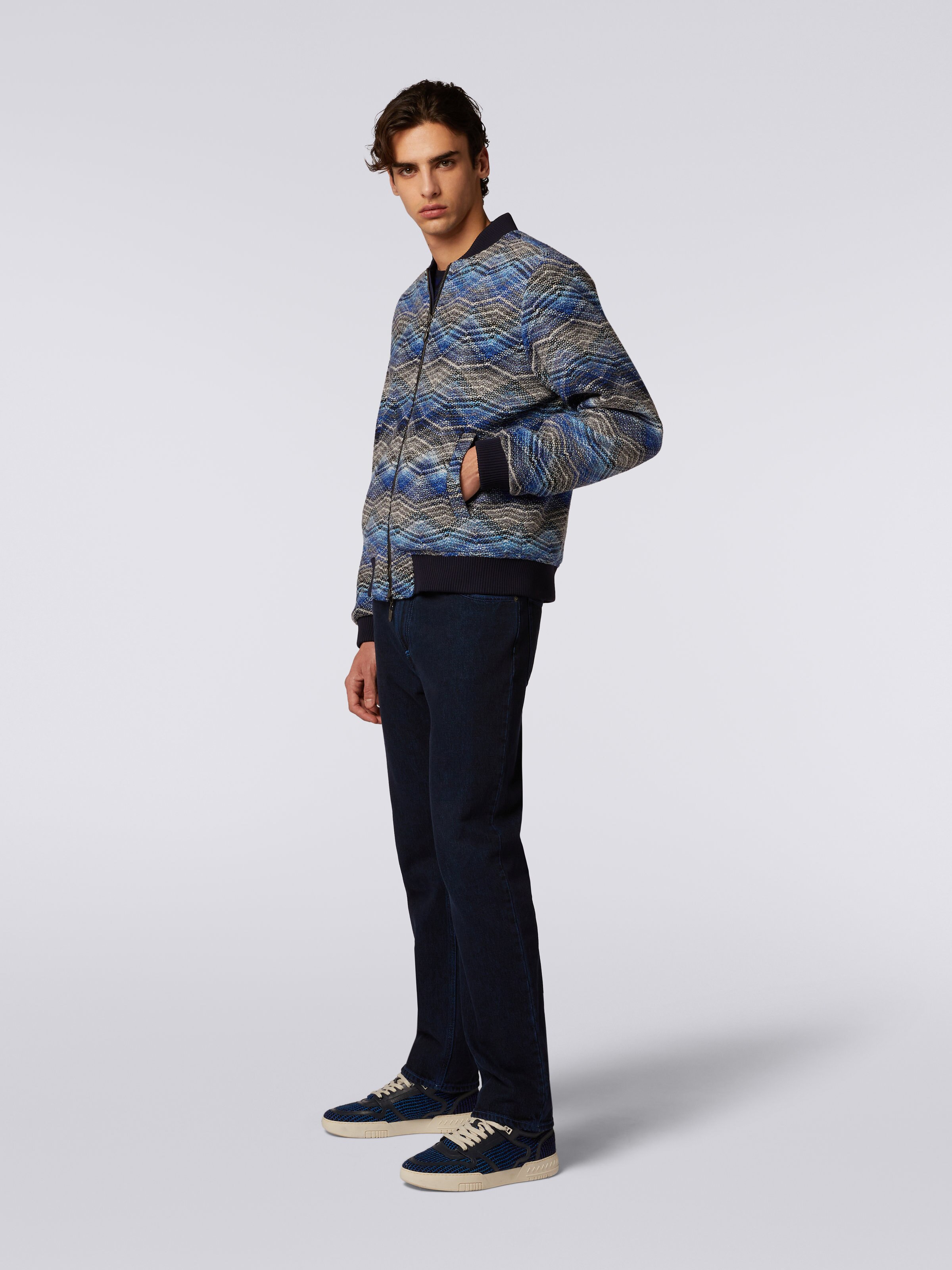 Wool blend bomber jacket with zigzag pattern, Blue - 3