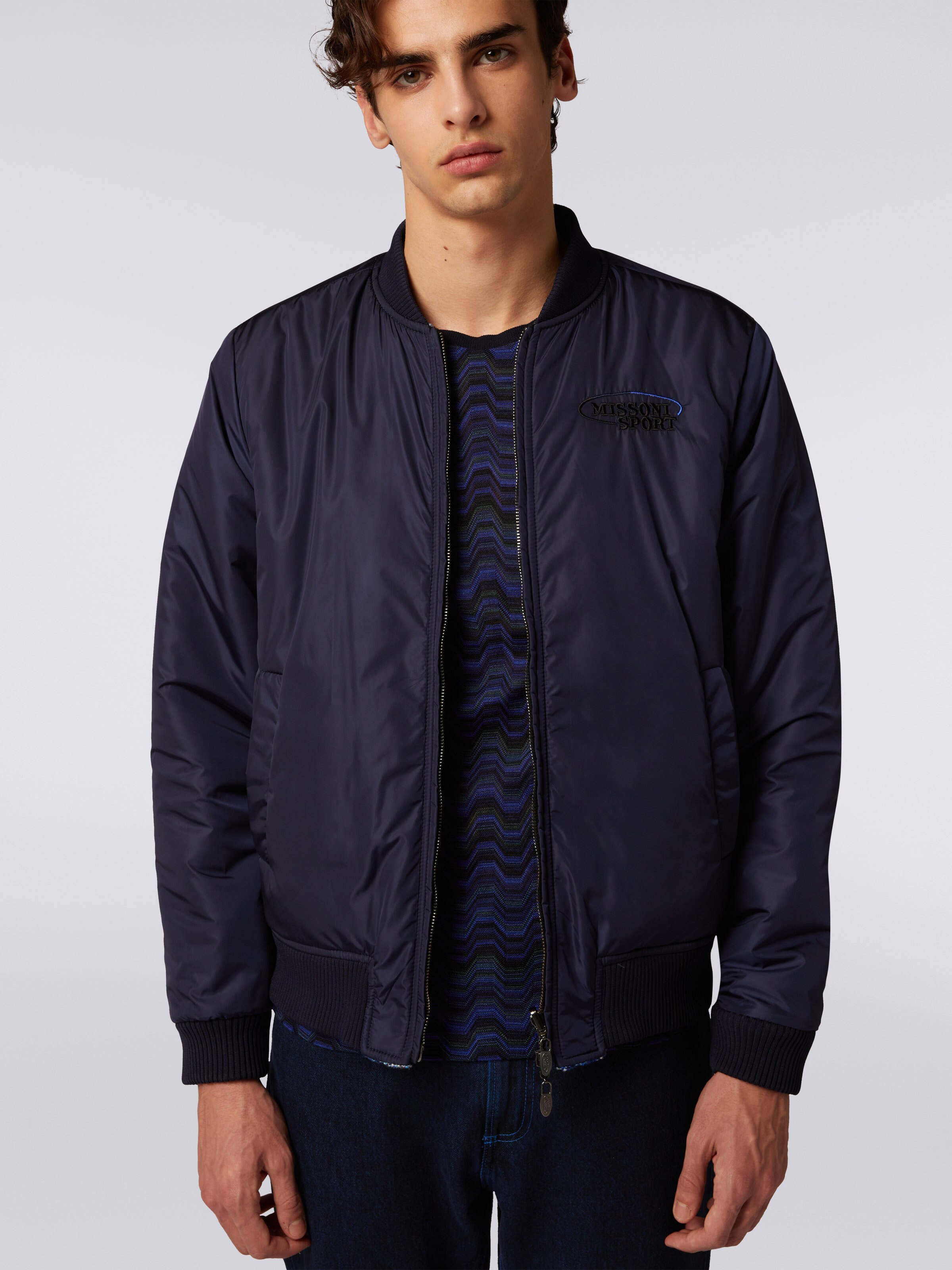 Wool blend bomber jacket with zigzag pattern, Blue - 6