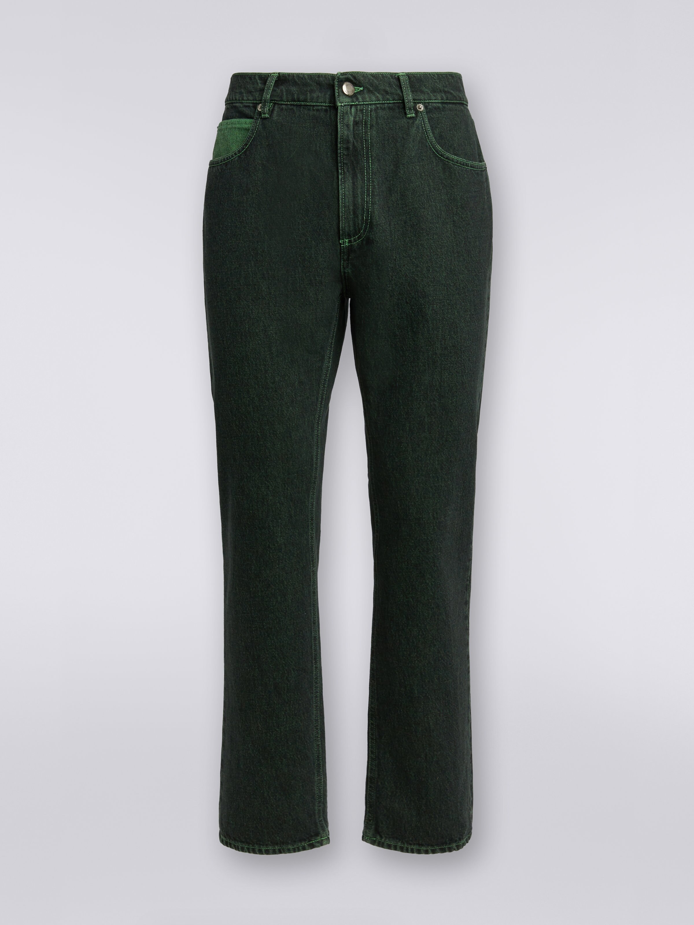 Five-pocket denim trousers with embroidered logo, Green - 0