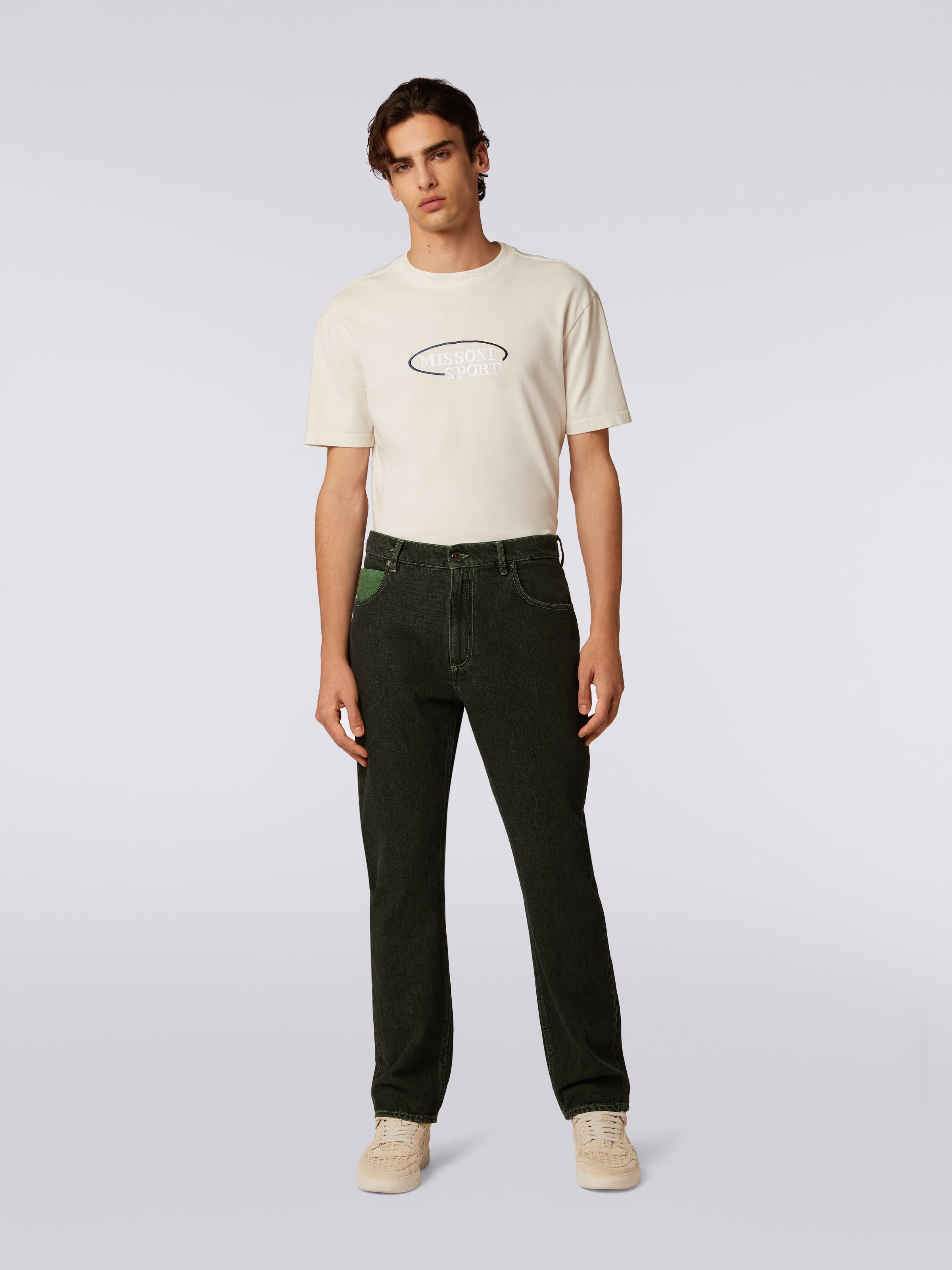 Five-pocket denim trousers with embroidered logo, Green - 1