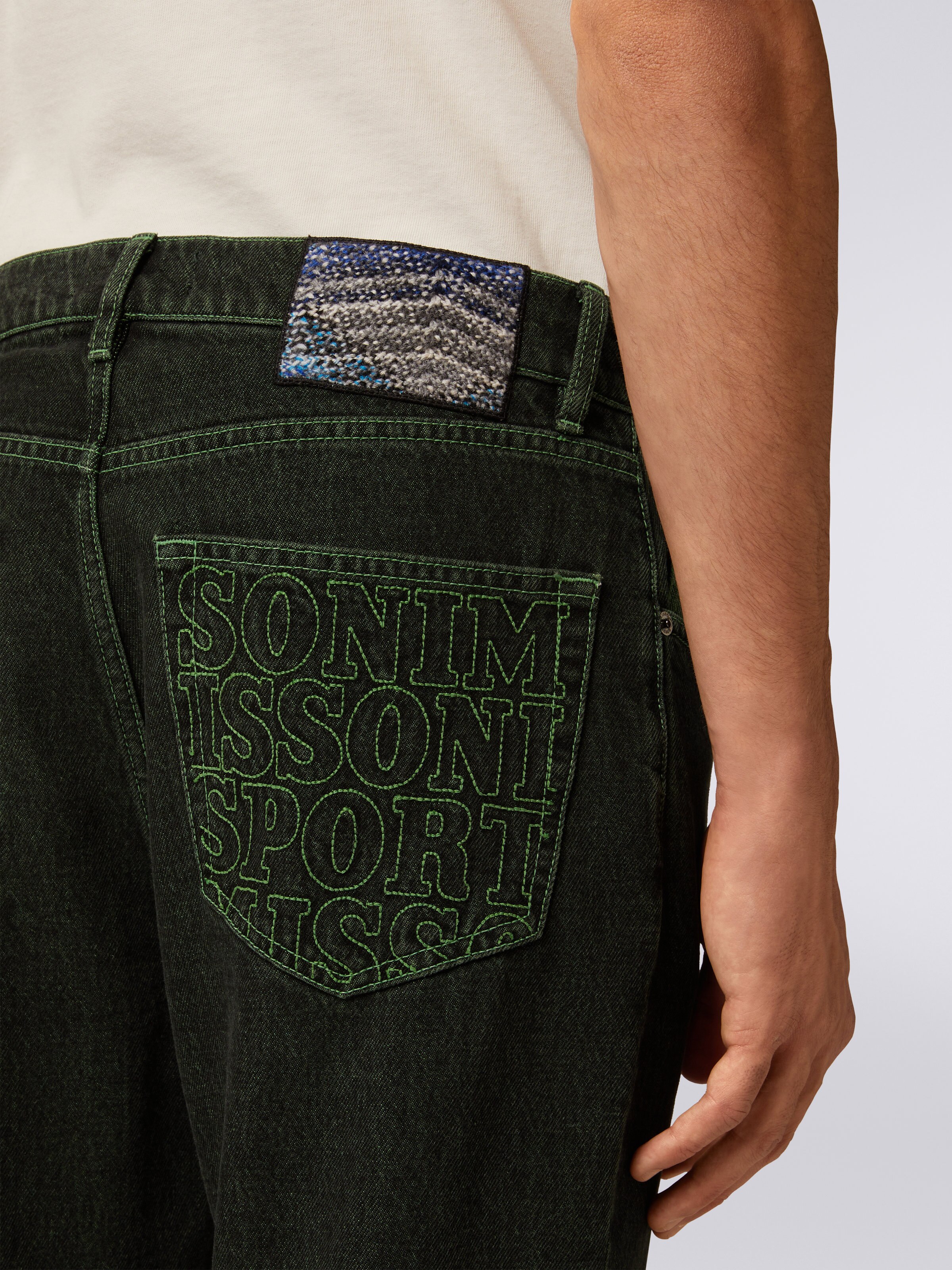 Five-pocket denim trousers with embroidered logo, Green - 4