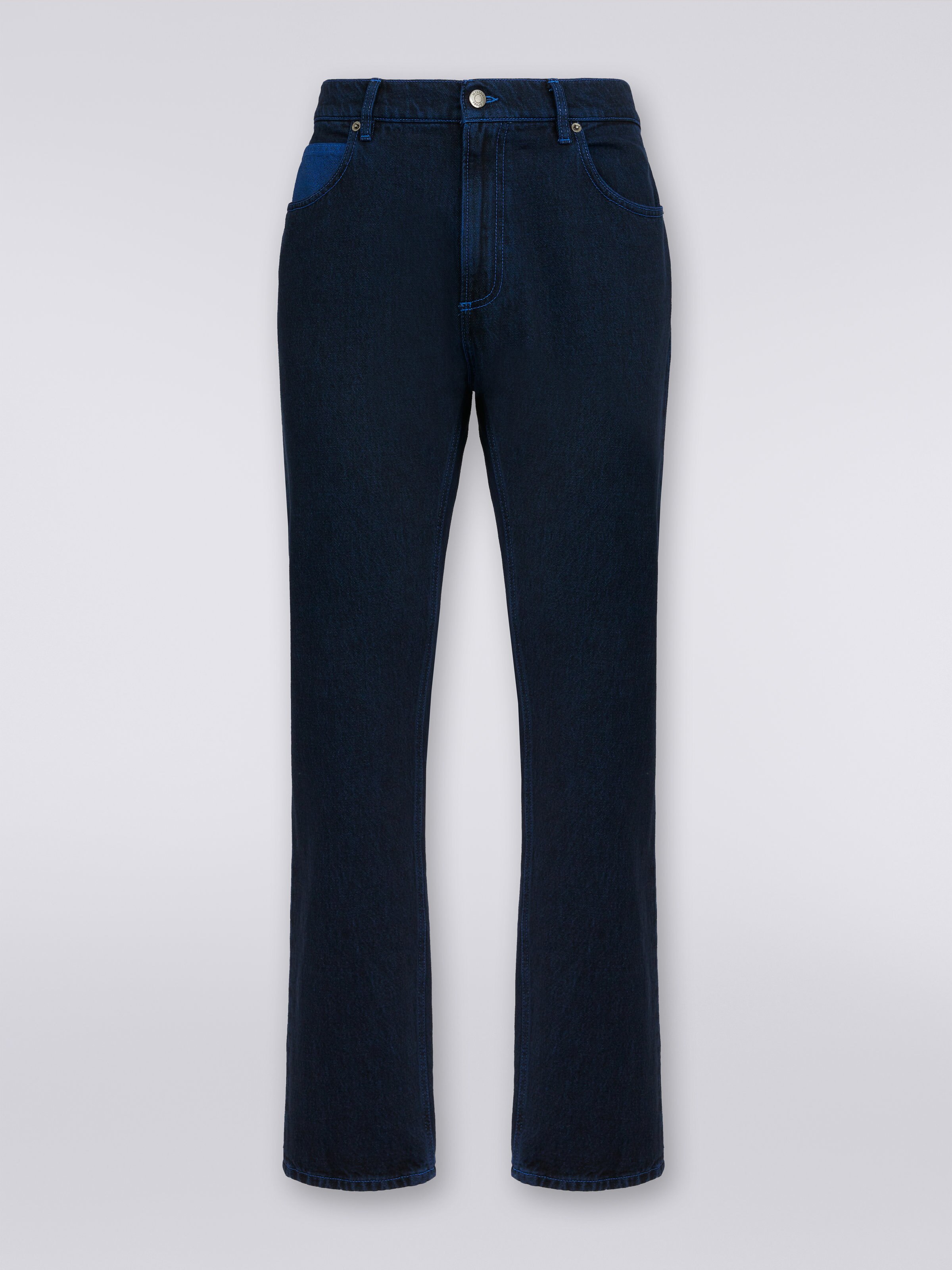 Five-pocket denim trousers with embroidered logo, Blue - 0