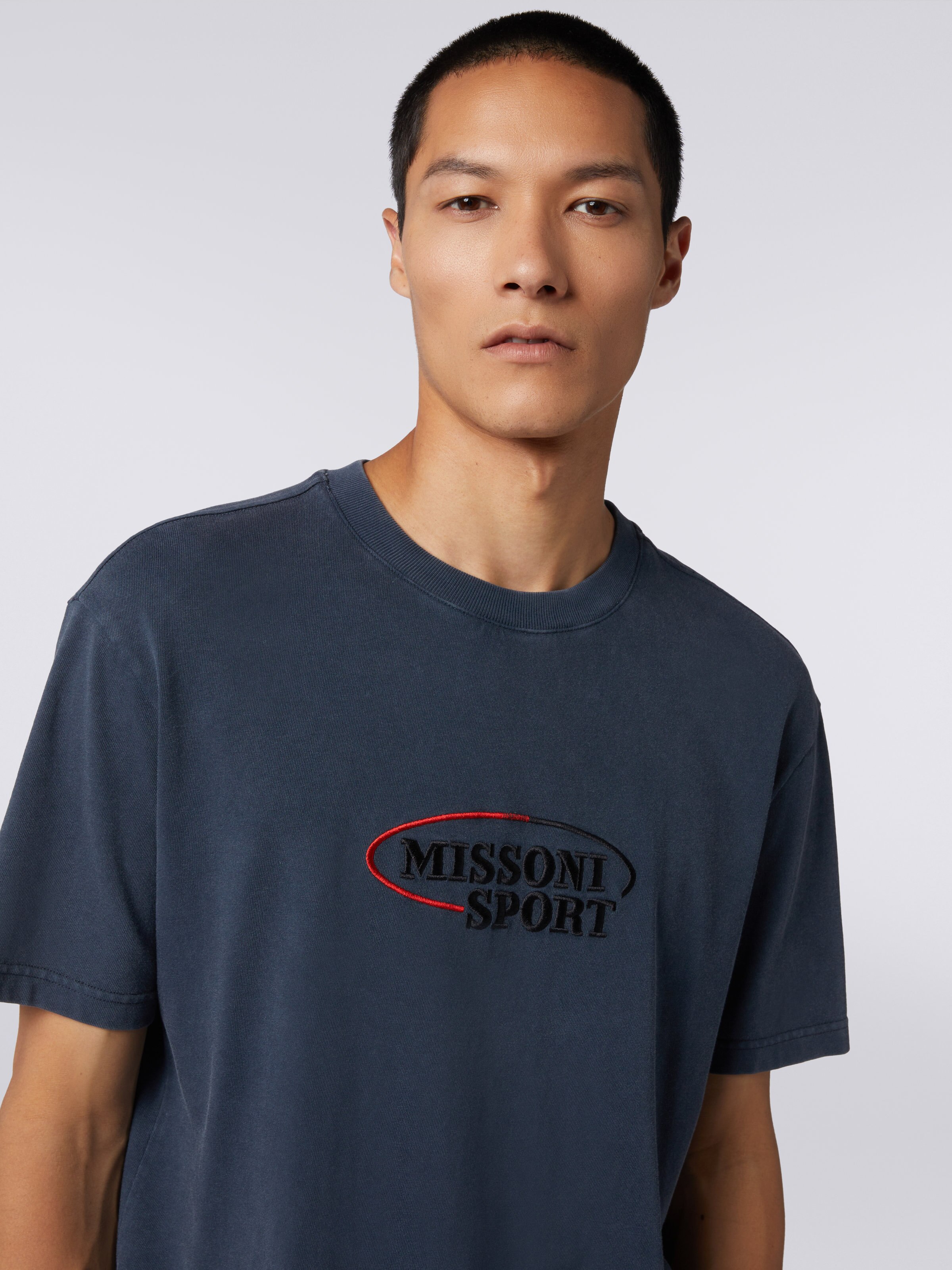Cotton knit crew-neck T-shirt with logo, Blue - 4