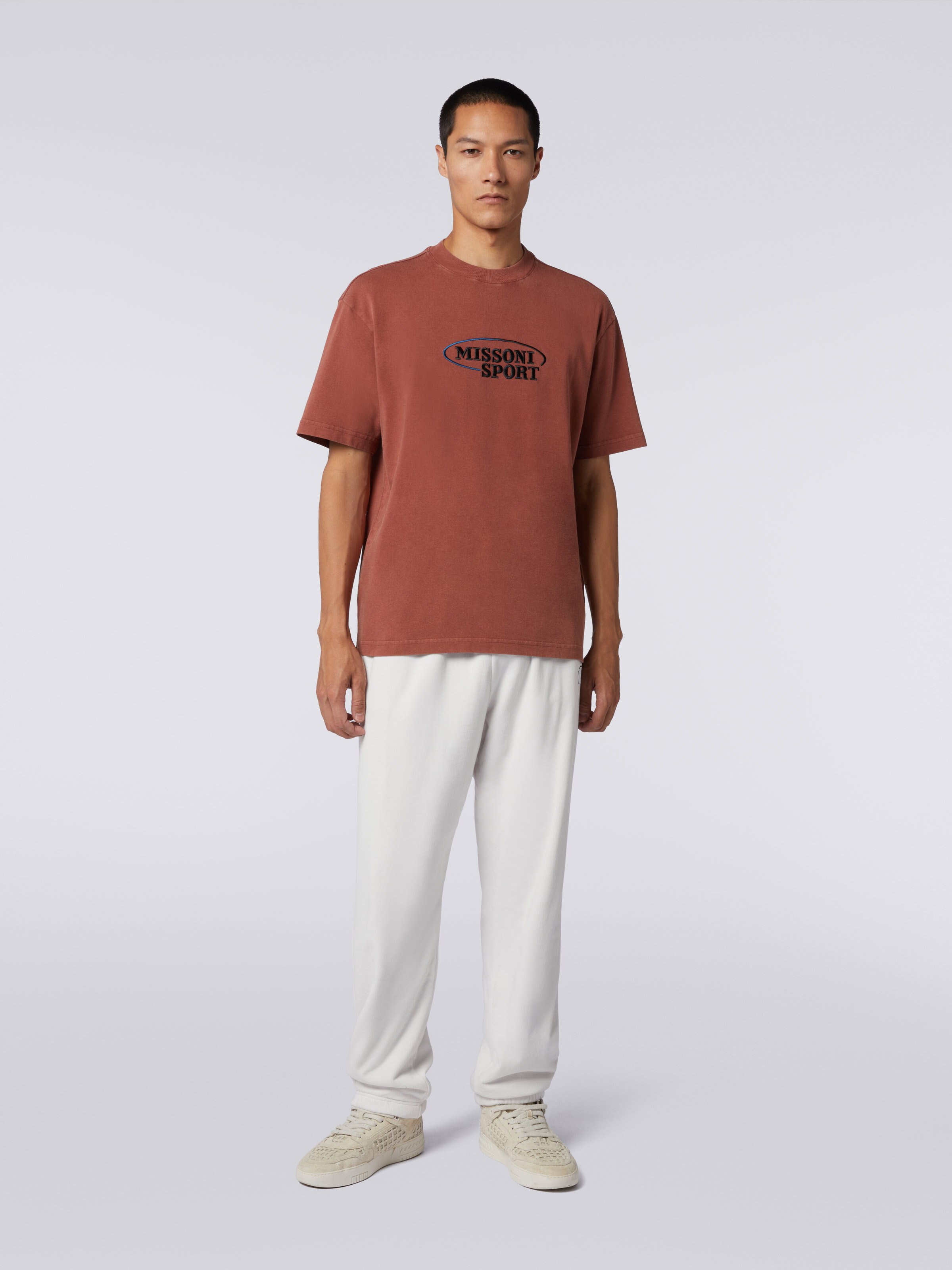 Cotton knit crew-neck T-shirt with logo, Rust - 1