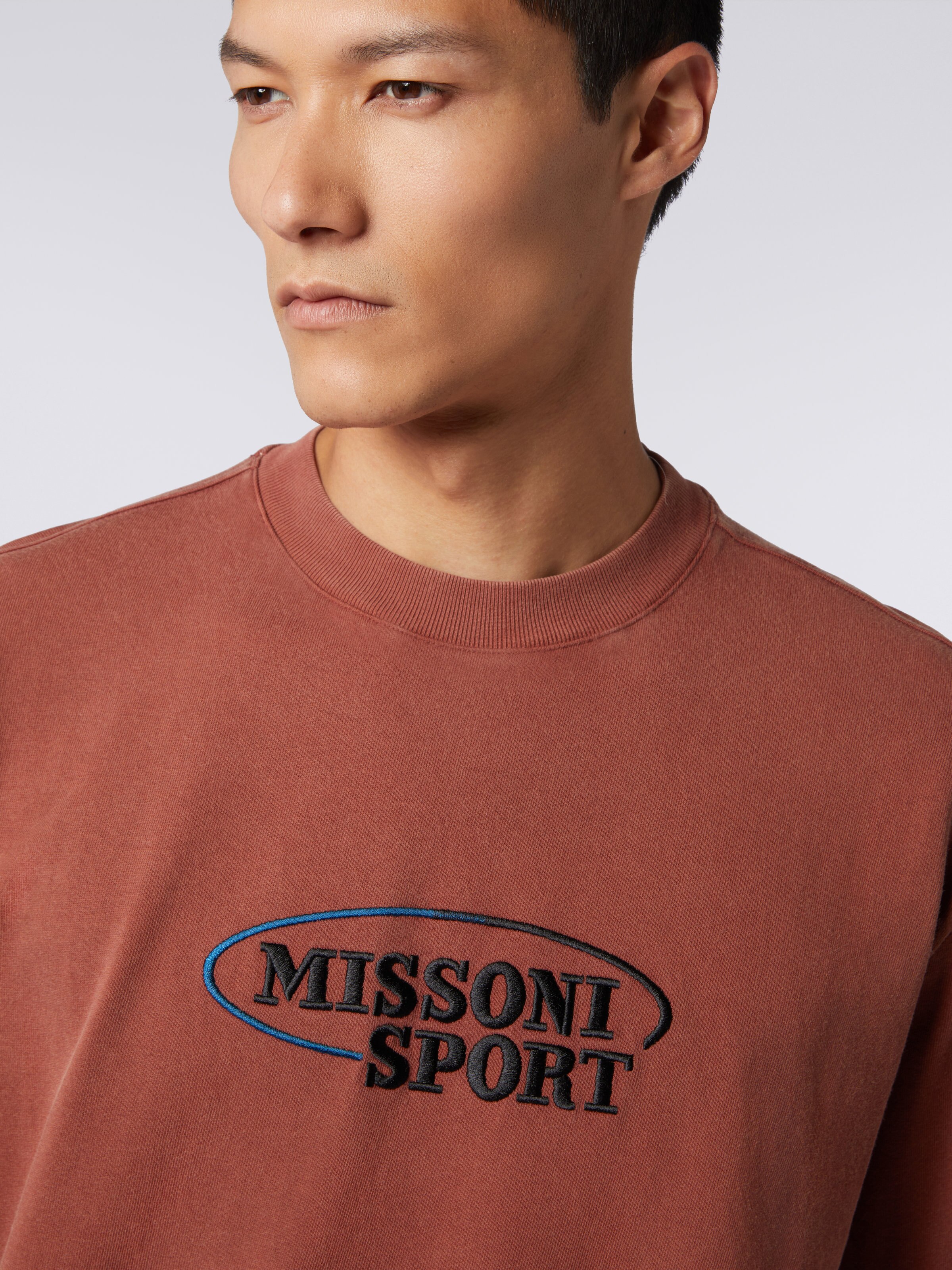 Cotton knit crew-neck T-shirt with logo, Rust - 4