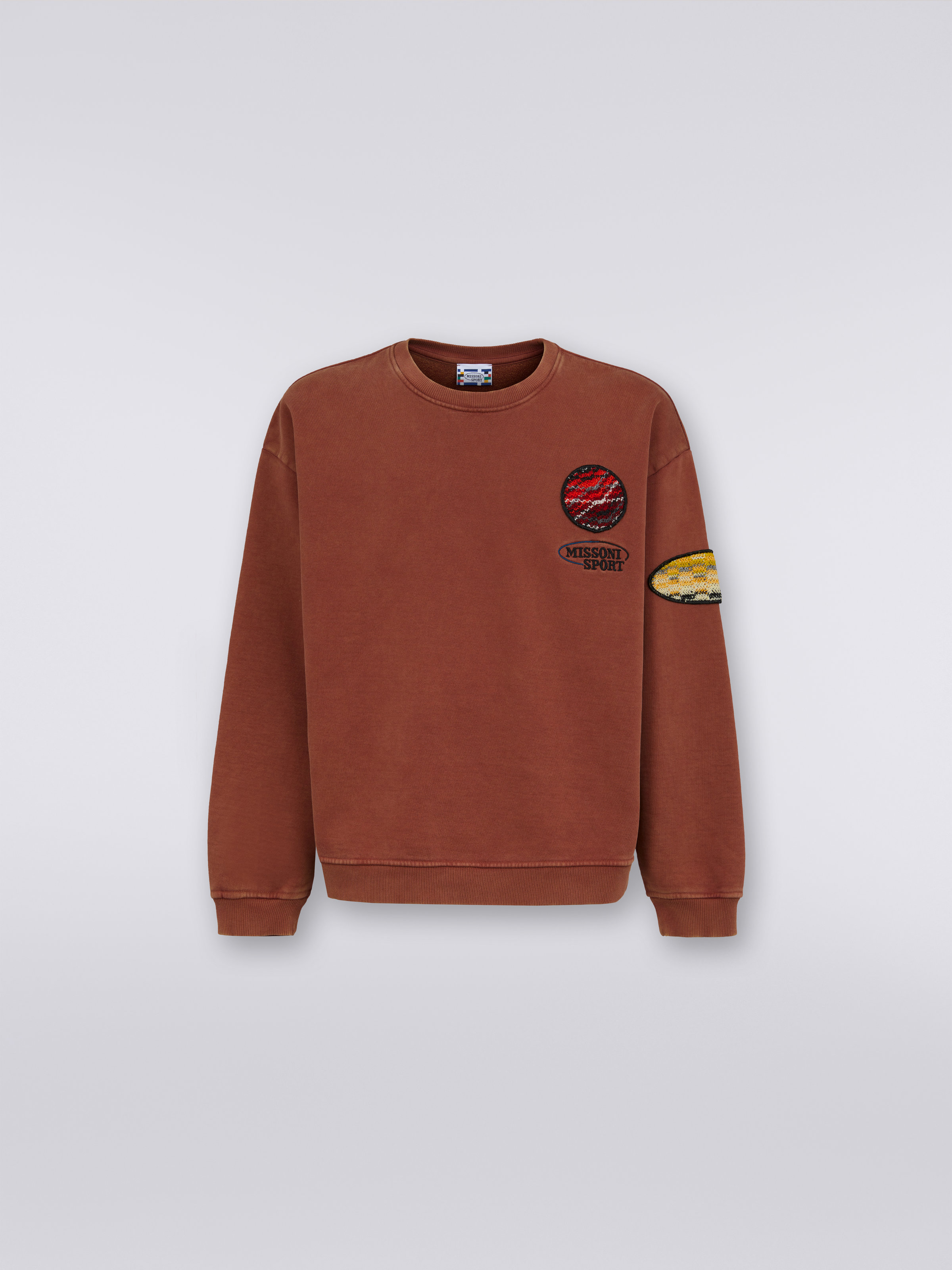 Cotton fleece crew-neck pullover with knitted insert, Rust - 0